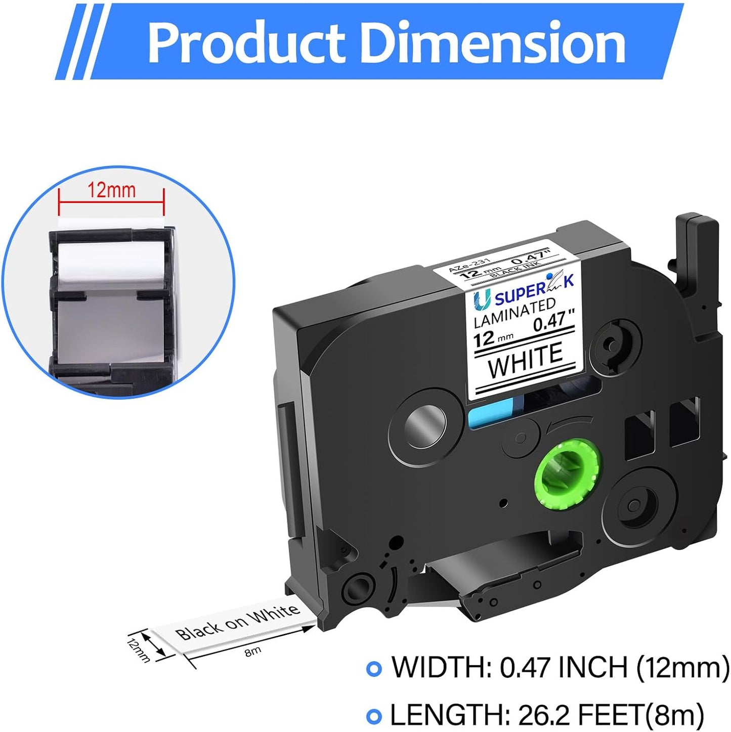 6 Pack 12mm 0.47 Laminated White Tape Compatible for Brother P-Touch Label Maker Tape TZe-231 12mm Label TZe231 1/2 Inch TZe TZ Tapes TZ-231 TZ231 for PT-D210 D200 D220 H100 H110 D400