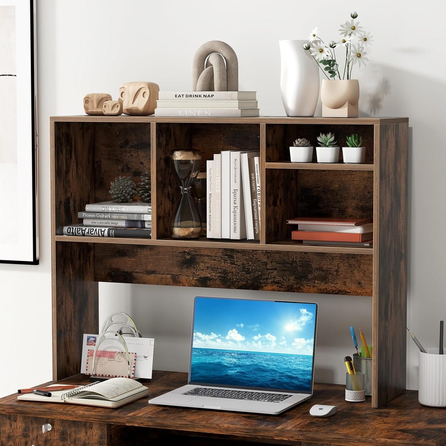 Desk Hutch, Desktop Shelf with 4 Shelves, Desk Bookshelf w/Anti-Toppling Devices, Wood Table Top Bookshelf Organizer, Small Desk Shelf for Study, Office, Dorm (Rustic Brown, 4 Shelves)