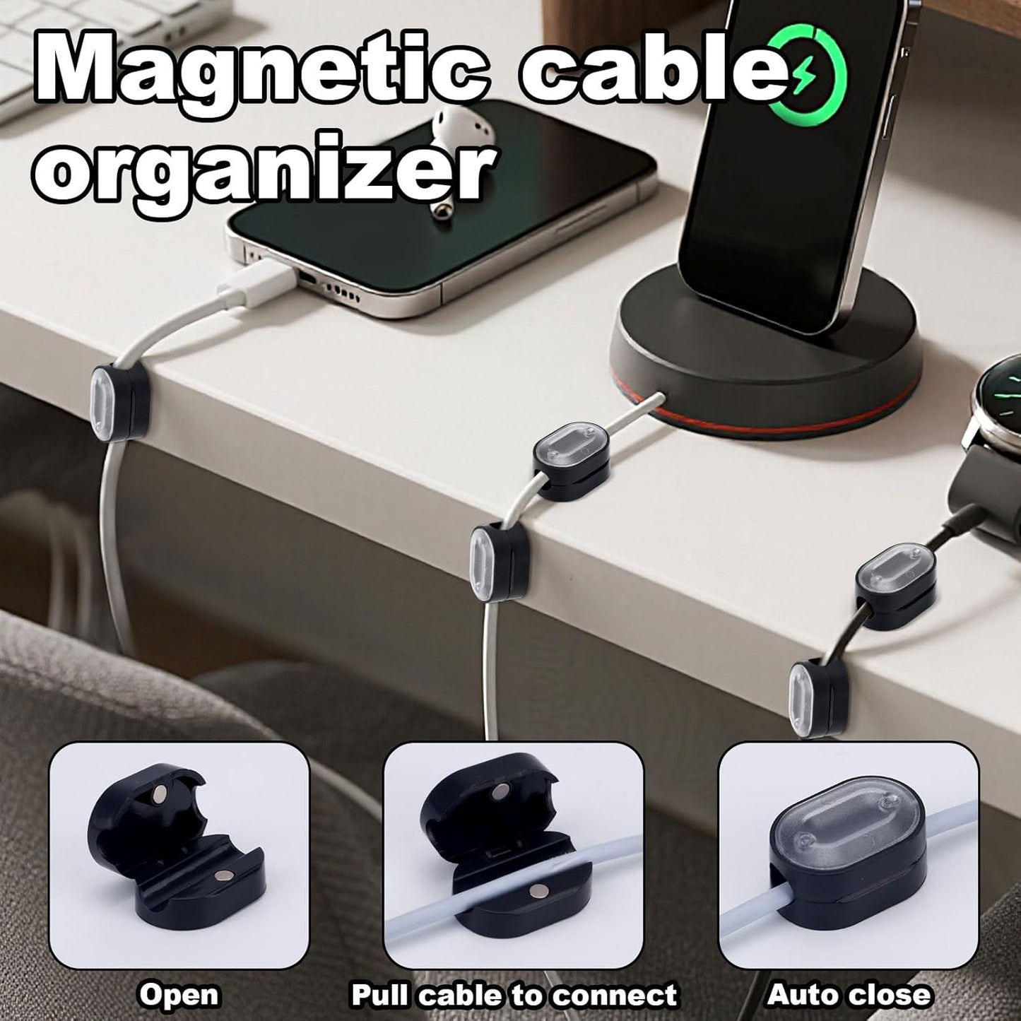 8pcs Magnetic Cord Organizer, Magnetic Cable Clips Holder with Adhesive Desk Cable Management Keeper Charger Cord Organizer for Phone Wire Home Office Car Nightstand