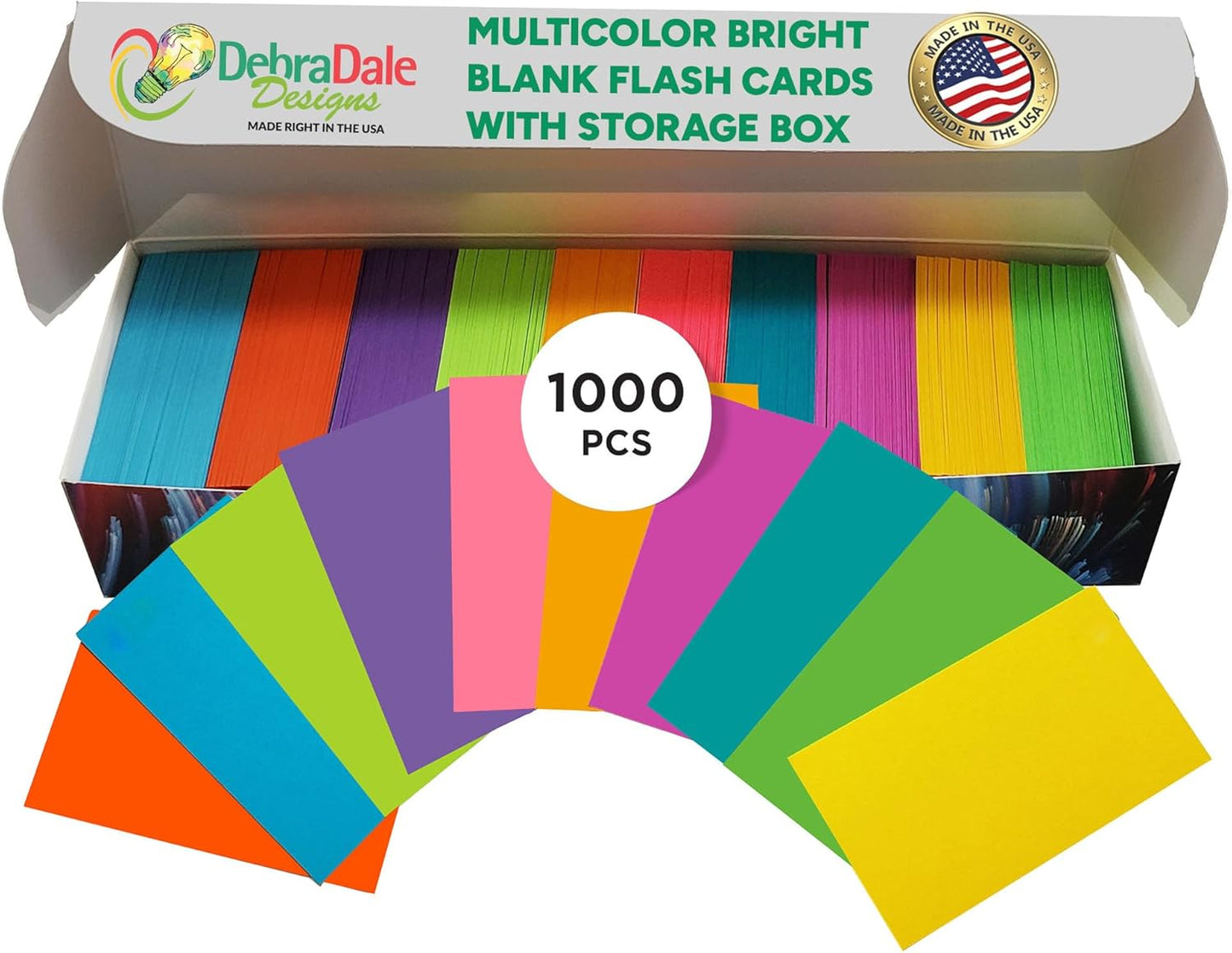 Debra Dale Designs Blank Flash Cards - Vibrant Flash Cards for Students, Color Coded Study Cards, Unruled Index Cards (Neon 2x3.5in, 65lb Cardstock, Reusable Box) [10 Colors, USA Made]