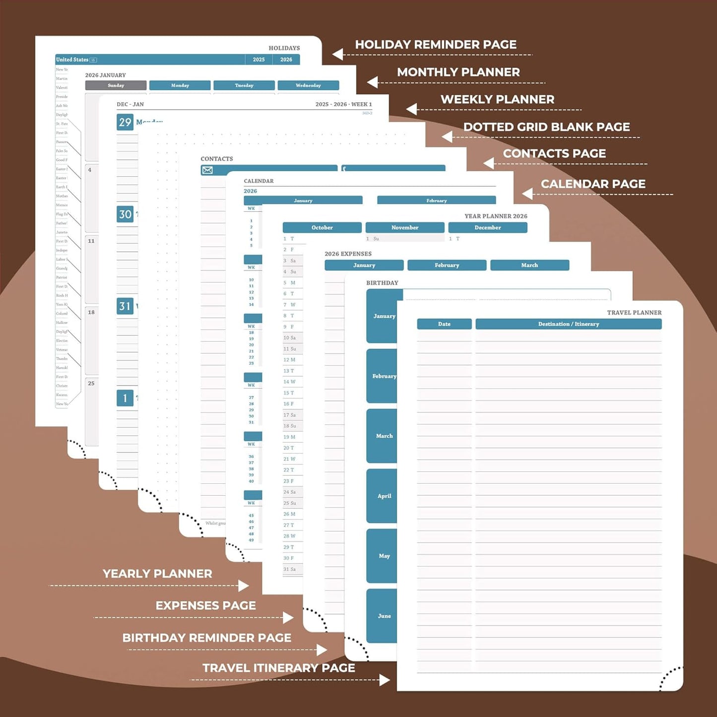 Planner 2026 Daily Weekly and Monthly,11.5"x8.5",12 Months Spiral Bound Calendar Agenda with Self-adhesive Pen Holder,2026 Appointment Book with Vegan Leather Soft Cover,Brown