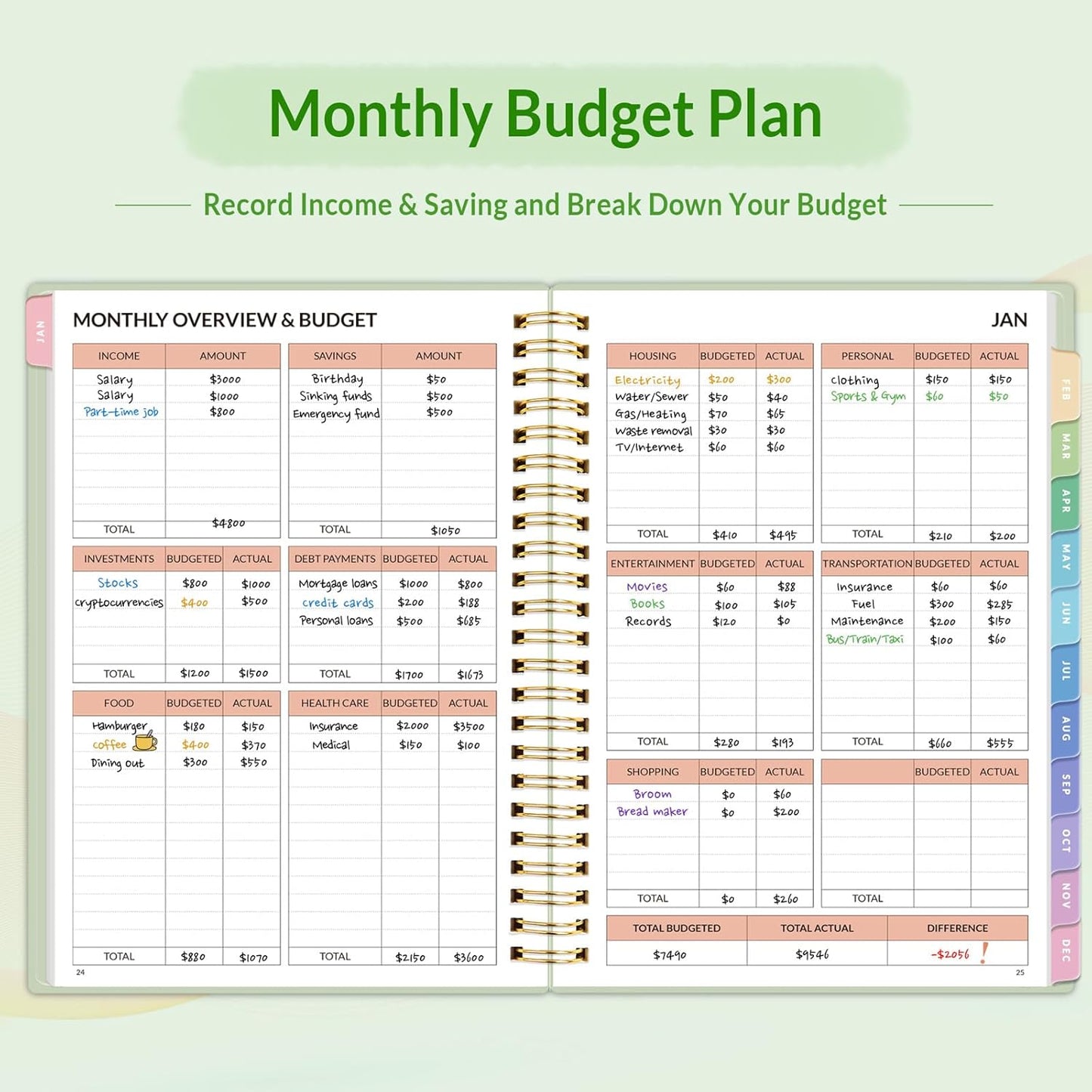 2026 Budget Planner - Monthly Budget Book from JAN 2026 - DEC 2026 with Expense Tracker Notebook, A5 Size (6.4" x 8.3") Bill Organizer & Finance Planner Account Book to Manage Your Finances, Green