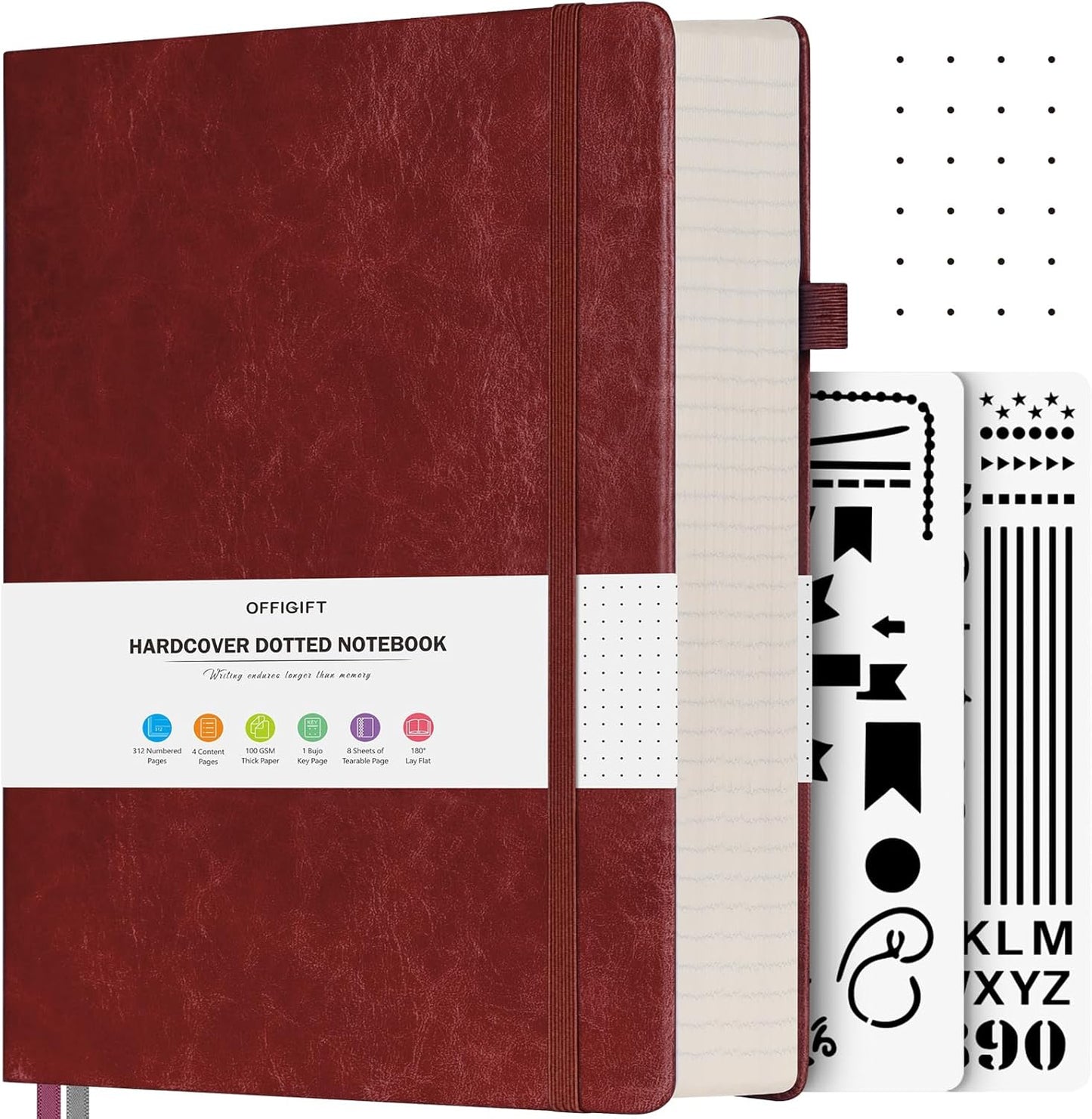 Dotted Journal Notebook, 312 Numbered Pages Large B5 Hardcover Leather Notebook, 100gsm No Bleed Paper Dot Grid Notebook with Index Pages, Dot Journal for Women Men, 7.6'' X 10'', Burgundy