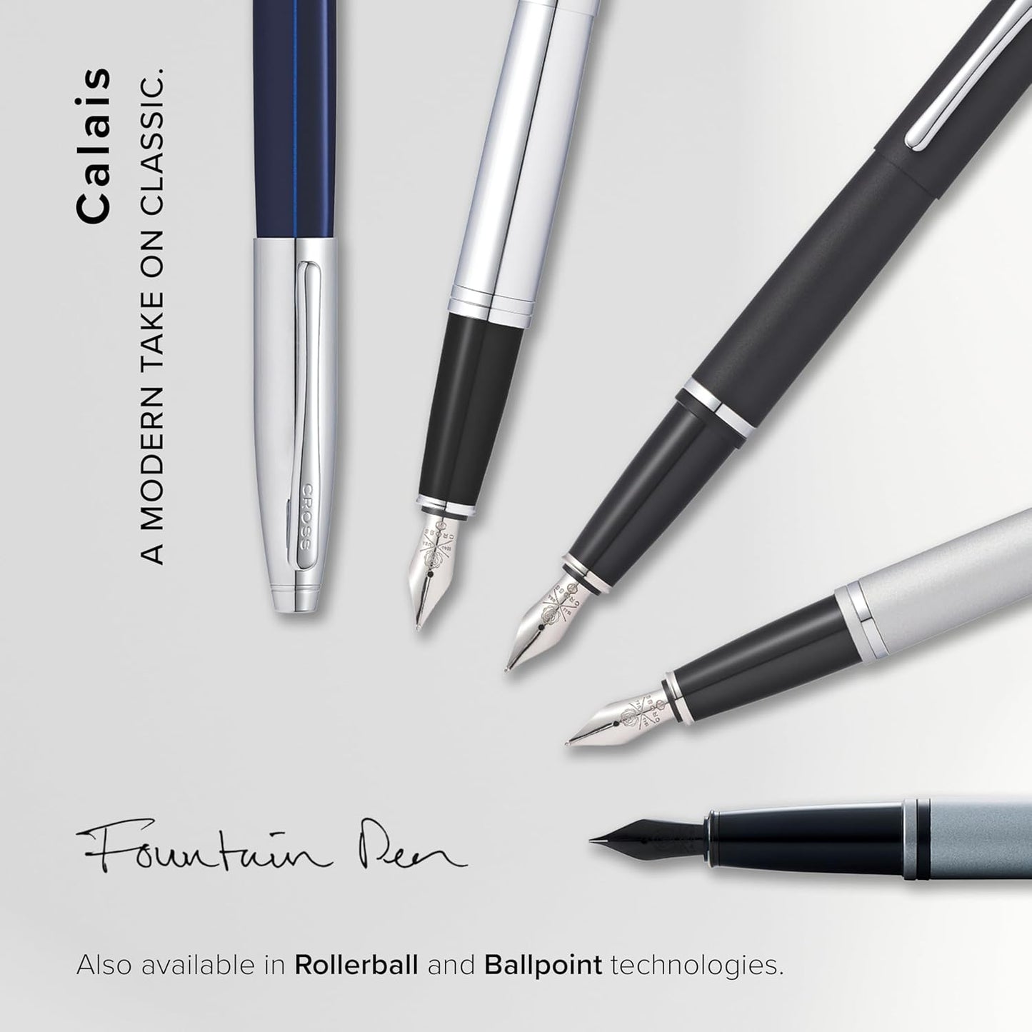 Cross Calais Refillable Fountain Presented in a Luxury Gift Box - Medium Point, Black Ink, Chrome & Blue