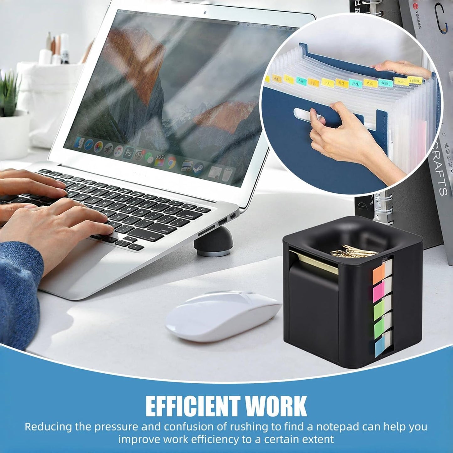 5-in-1 Sticky Note Dispenser and Holder with Pop Up Notes, Transparent Tabs, Magnetic Paper Clip Holder, Roll Sticky Notes - Multifunctional Cube Desk Organizer for Office, School & Home (Black)