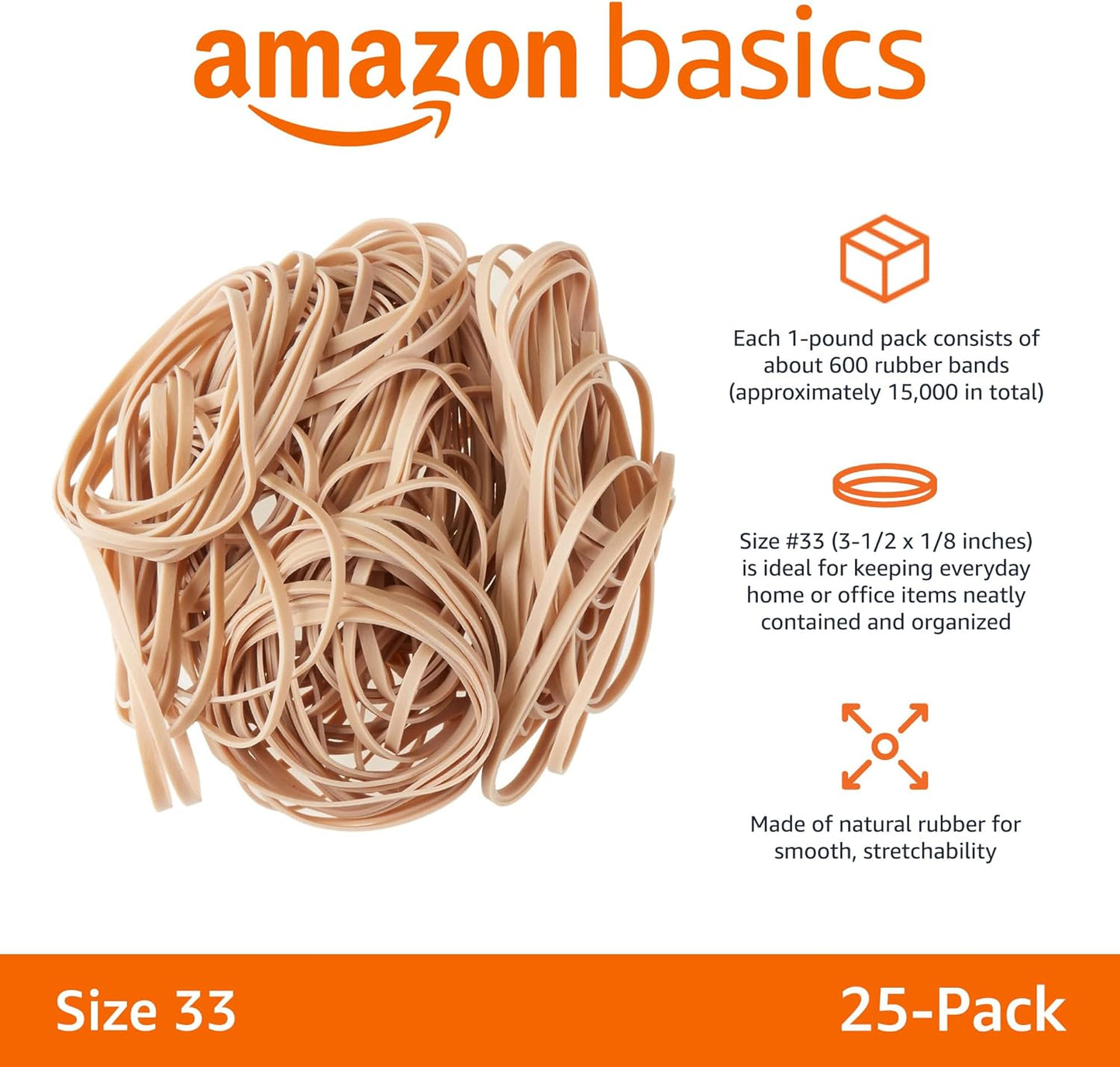 Amazon Basics Rubber Bands, Size 33 (3-1/2 x 1/8 Inch), 600 Bands/1 lb Pack, 25-Pack, Tan