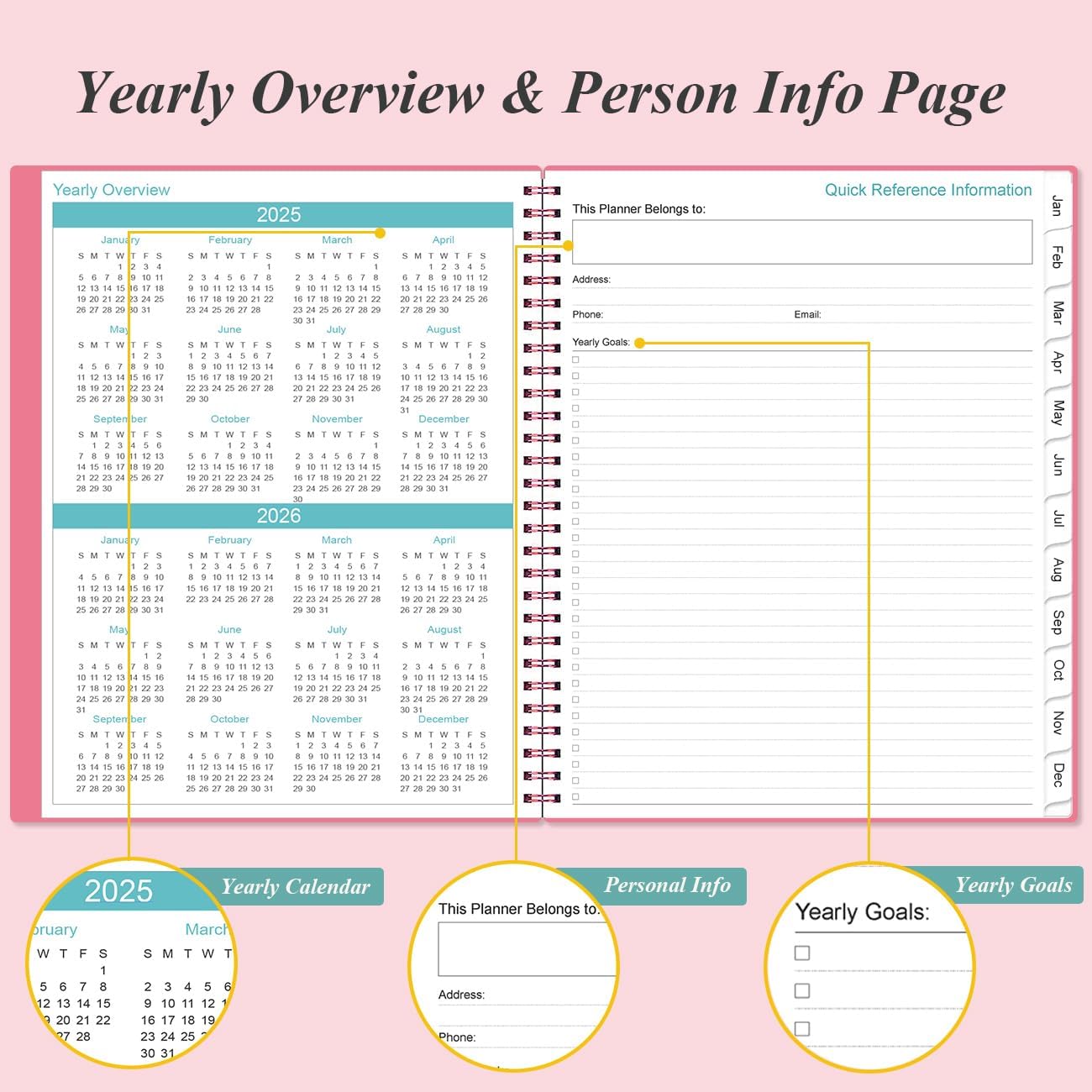 2025 Planner - Planner 2025 from January 2025 to December 2025 with 12 Monthly Tabs, Flexible Cover, Inner Pocket, 8.5" x 11", Pink
