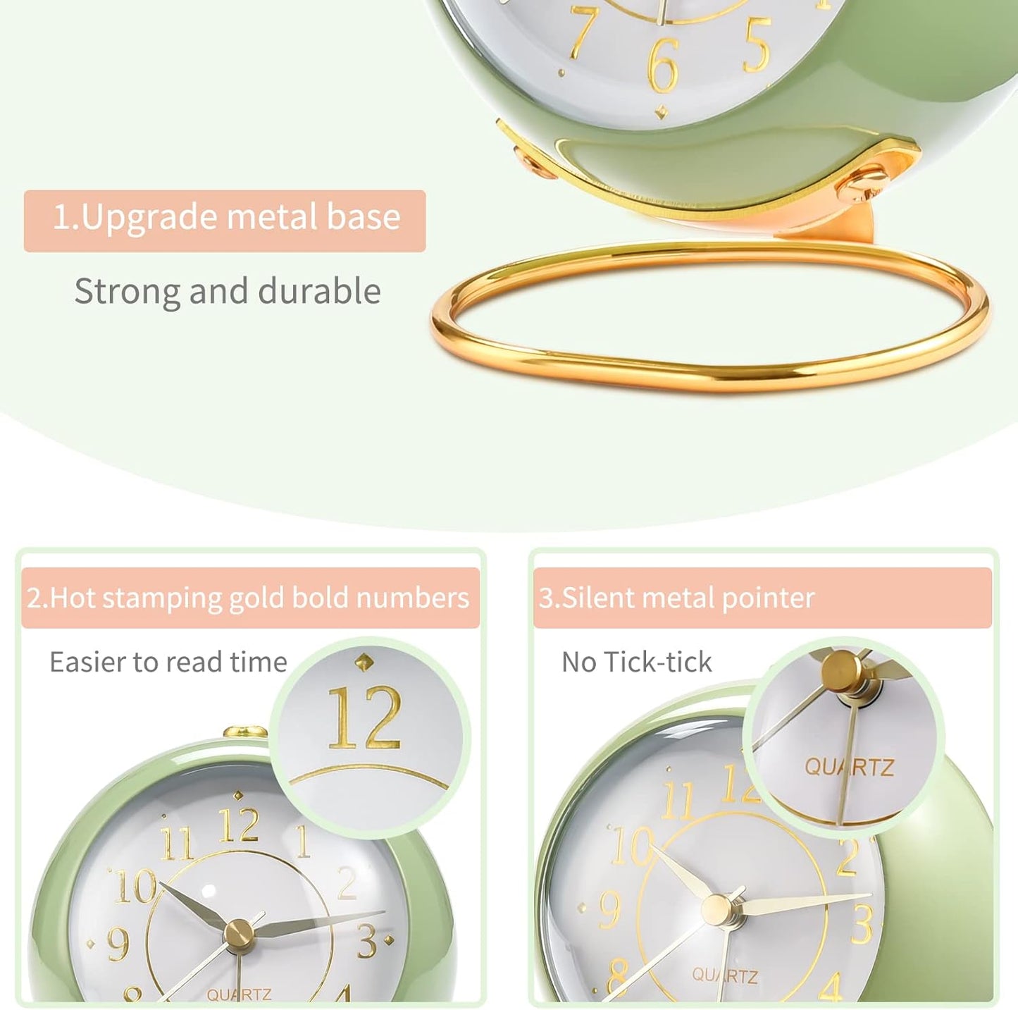 Analog Alarm Clocks,Retro Backlight Cute Simple Design Small Desk Clock with Night Light,Silent Non-Ticking,Battery Powered,for Decor,Bedrooms,Travel,Kitchen,Bedside Desktop.(White)