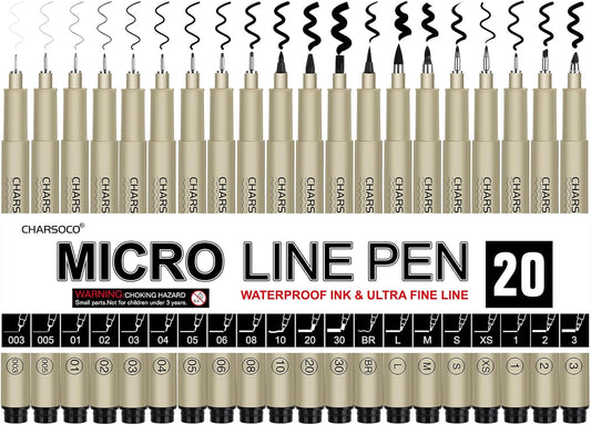 Black Micro Pens, 20 Sizes in 0.15mm - 5mm, Waterproof Archival Ink, Fine Point Pen for Artist Illustration, Sketching, Anime, Manga and Technical Drawing