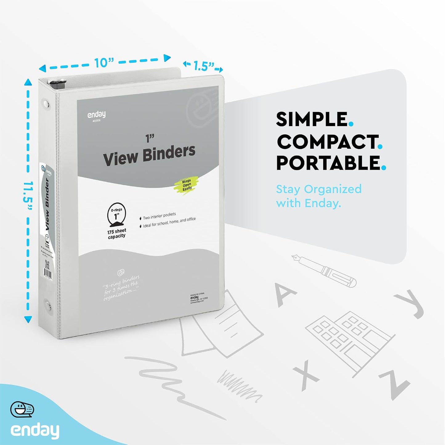 3 Ring Binder Grey, 1 Inch, 1” Clear View Cover with 2 Inside Pockets Round Ring Binder, Colored School Supplies Binders, Also Available in Pink, Blue, Purple, Green, and Red (6 PC) – by Enday