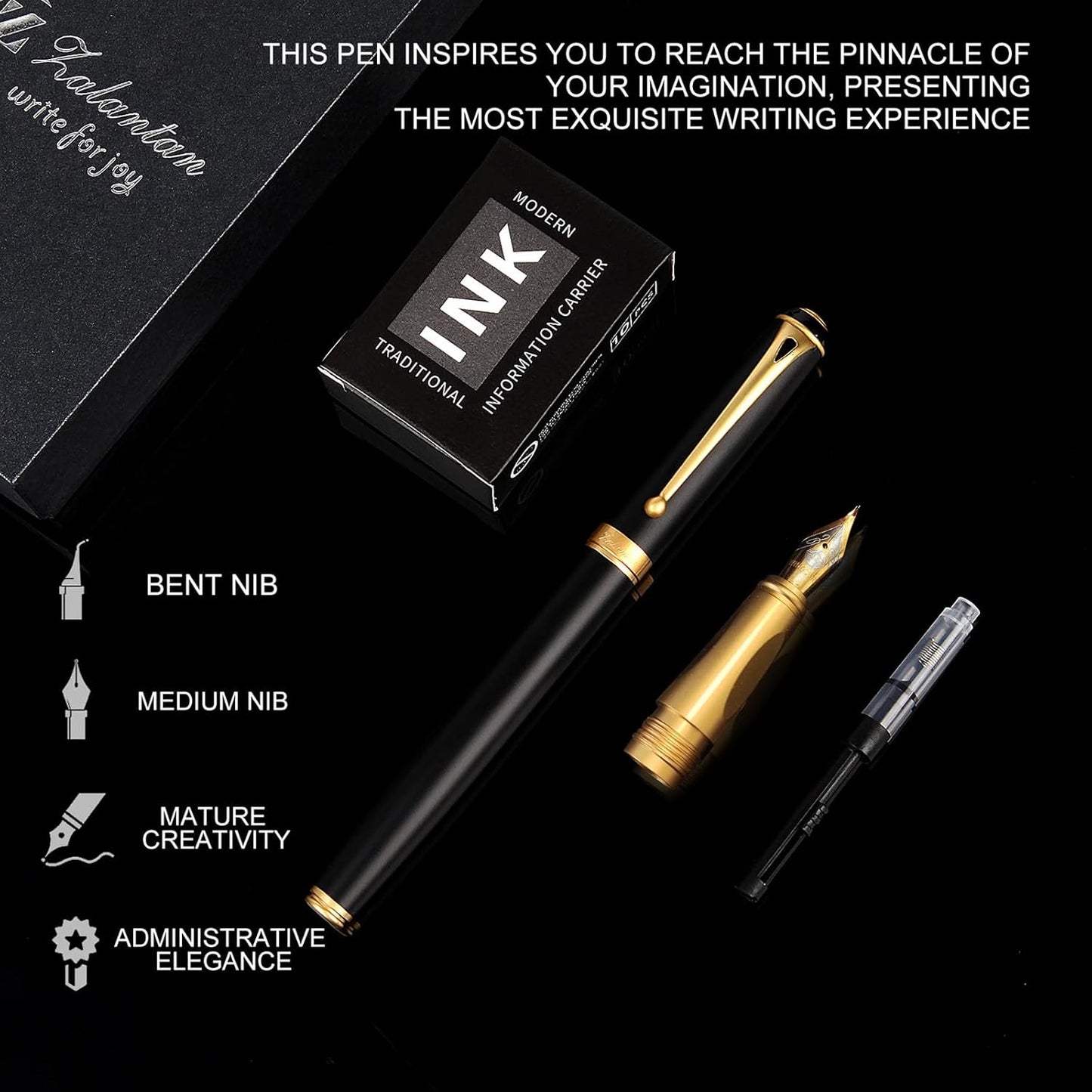 Fountain Pen-Smooth Writing Metal Water Pen with Gift Case Fine Nib Consistent Ink Flow Luxury Pen for Nice Pens Includes a Calligraphy Nib 8 Ink Cartridges and a Converter (Gold)
