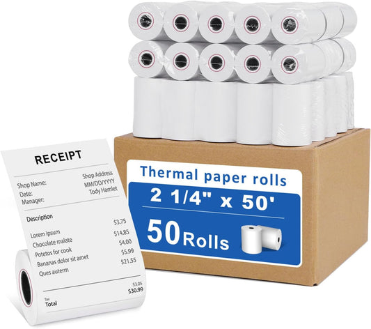 50 Rolls- 2 1/4 X 50 Thermal Receipt Paper Rolls- Fits All Pos Cash Registers, For Clover POS Cash Register Printers-Premium Quality German Paper
