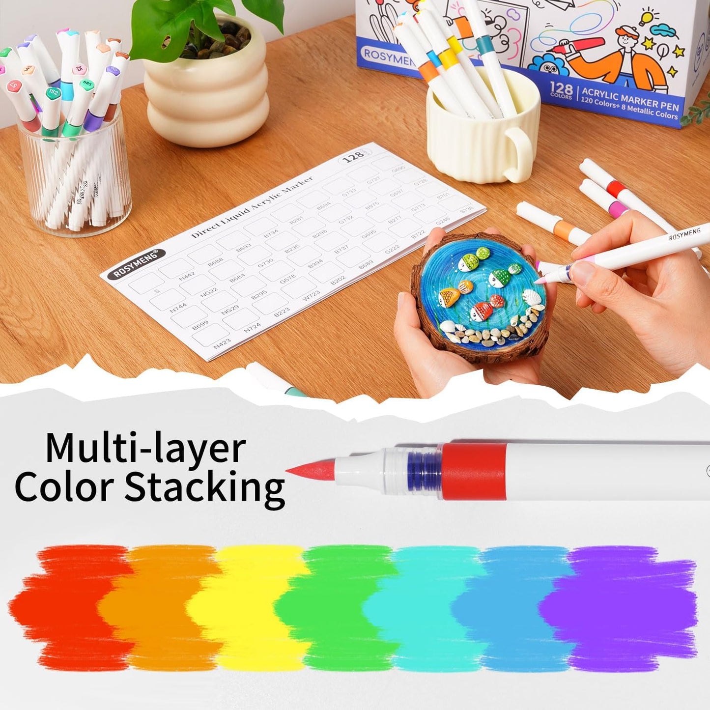 9 Color Acrylic Paint Markers, Water-Based Acrylic Markers for Artists Adults Coloring Drawing Cartoon Anime Comic - Brush Tip for Rock Painting, Wood, Canvas, Fabric, DIY Crafts Making (8 Metal)