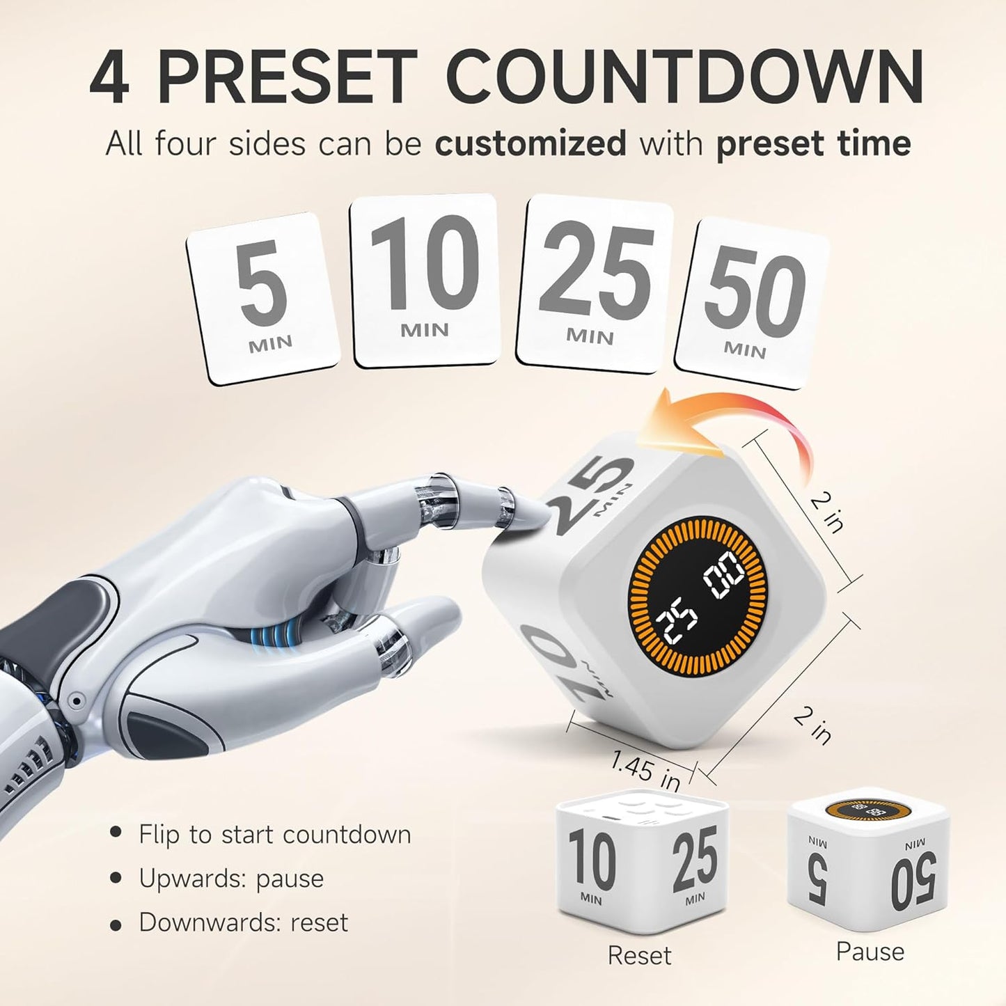 Rotating Productivity Timer 5, 25, 10, 50 Minutes Preset, Desk Cube w/Gravity Sensor for ADHD, Mute Functions, Ideal for Work, Study, Kitchen, Back to School (1, White)