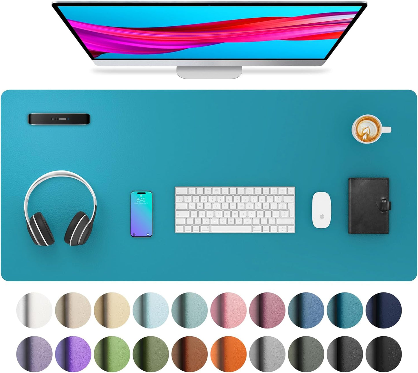 Aothia Leather Desk Pad Protector, Mouse Pad, Office Desk Mat, Non-Slip PU Leather Desk Blotter, Laptop Desk Pad, Waterproof Desk Writing Pad for Office and Home (Turquoise,36" x 17")