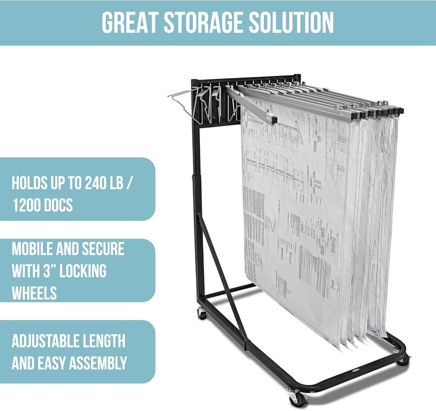 Adir Blueprint Rack and Clamps - 6 Pack of Blueprint Clamp and Mobile Blueprint Rack, Heavy-Duty Large Document Storage Solution for Blueprints, Posters, Maps, & Construction Plans