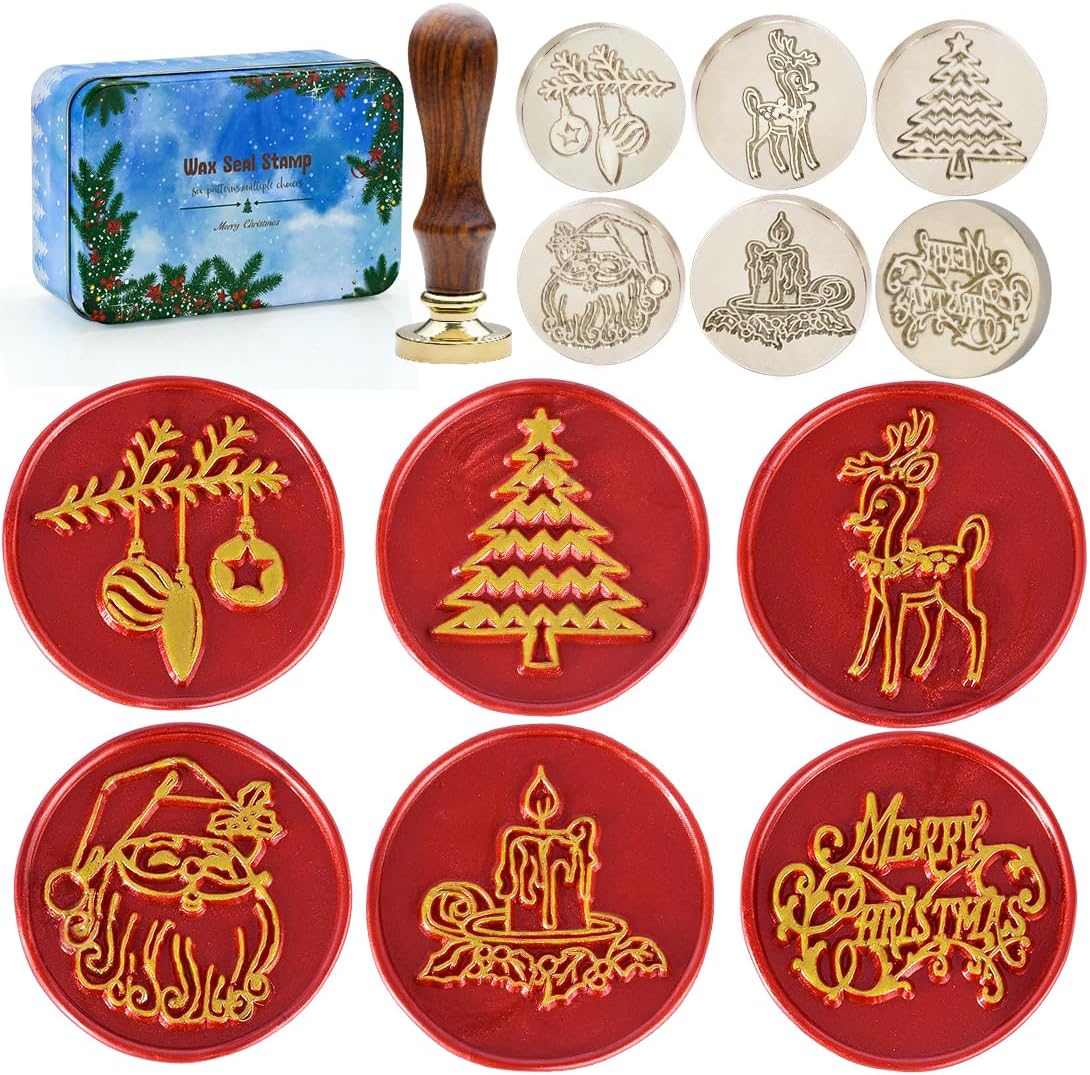 Xmas Wax Seal Stamp Kit, Set of 6 Christmas Design Sealing Wax Stamp Gift Kit with Brass Head Wooden Handle (Merry Christmas Tree + Deer)