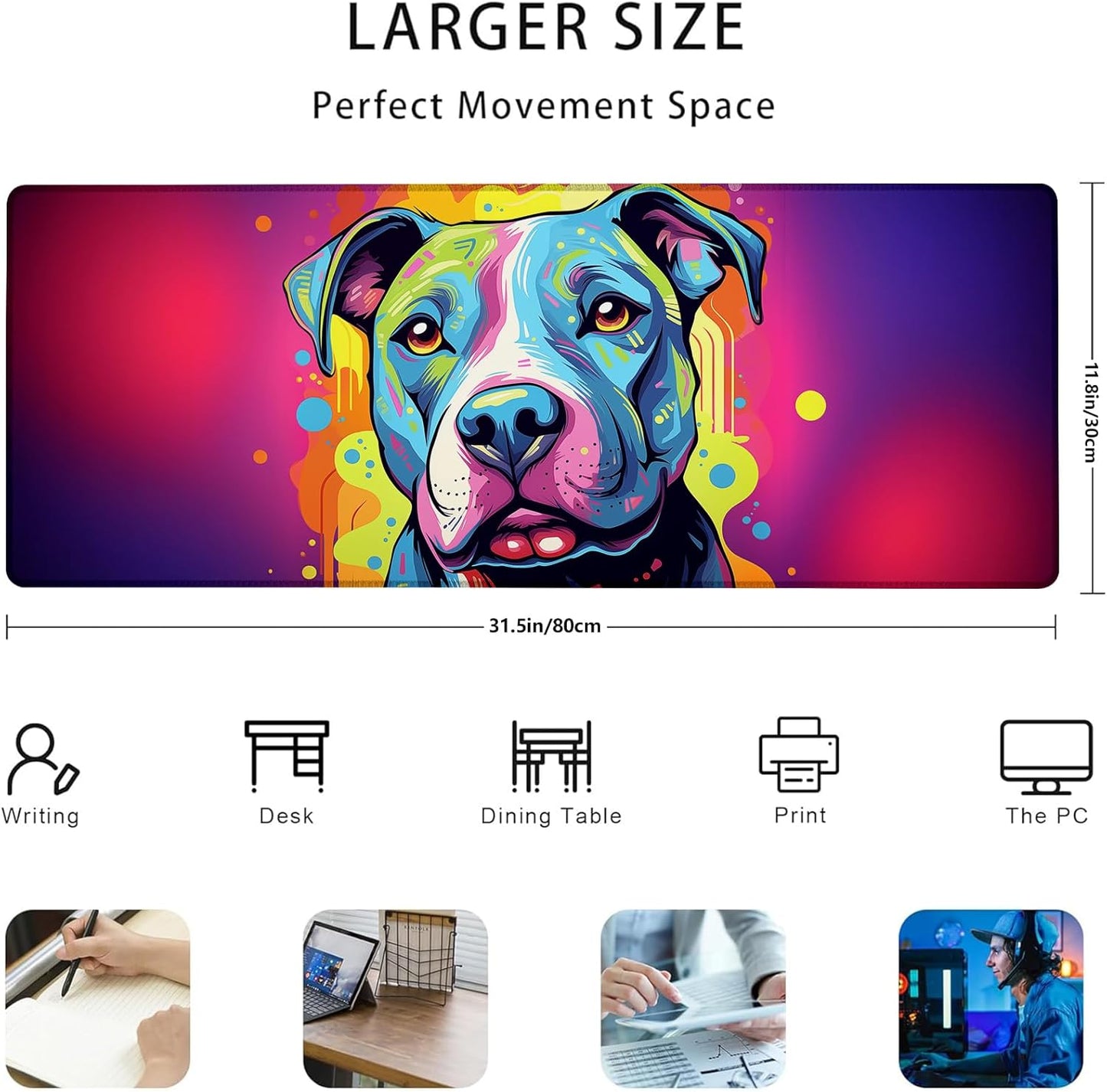 Colorful Pitbull Dog Gaming Mouse Pad Gifts 31.5" x 11.8", Non-Slip Rubber Base MousePads for Computers Laptop School Office Home Accessories Decor, Mouse Pad, Keyboard Desk Mat