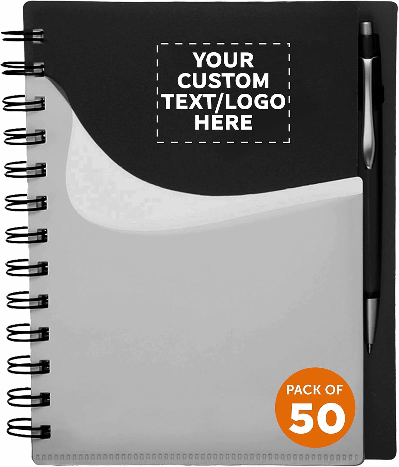 DISCOUNT PROMOS Custom Spiral Notebooks with Front Pocket Set of 50, Personalized Bulk Pack - Durable Plastic Cover, Includes Matching Pen in Blank Ink, Perfect for School, Office, Home - Black