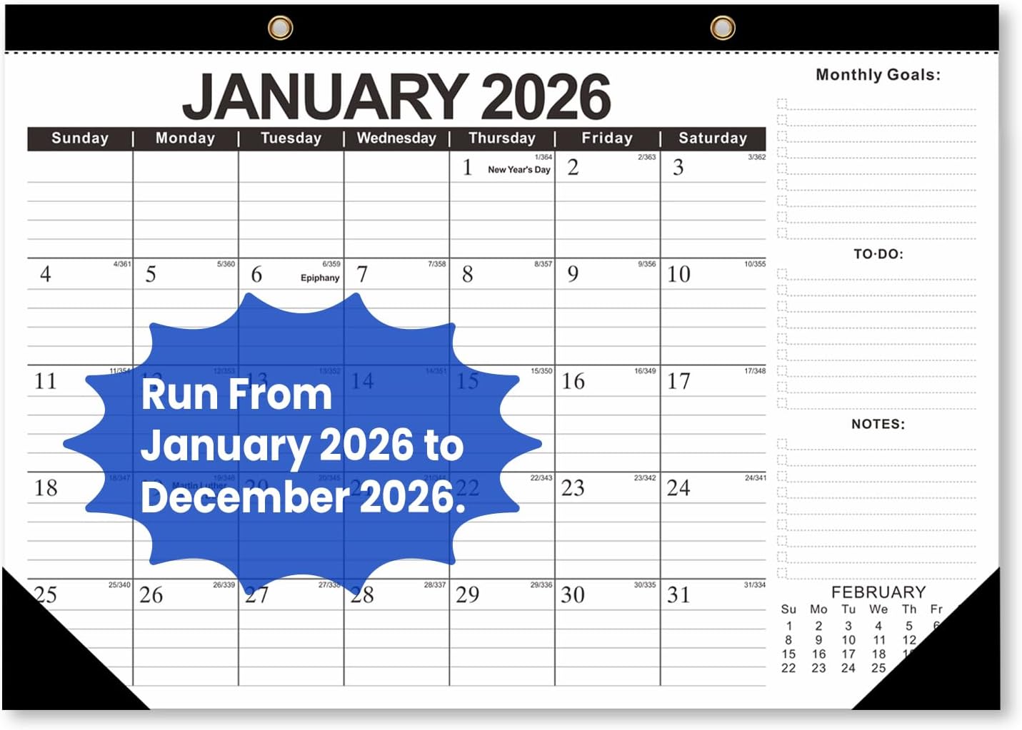 Comix 2026 Desk Calendar 12x17 Inch - 12 Month Desk Calendar, January 2026 to December 2026, Thick Paper, Ideal for School, Office & Home, Black and White