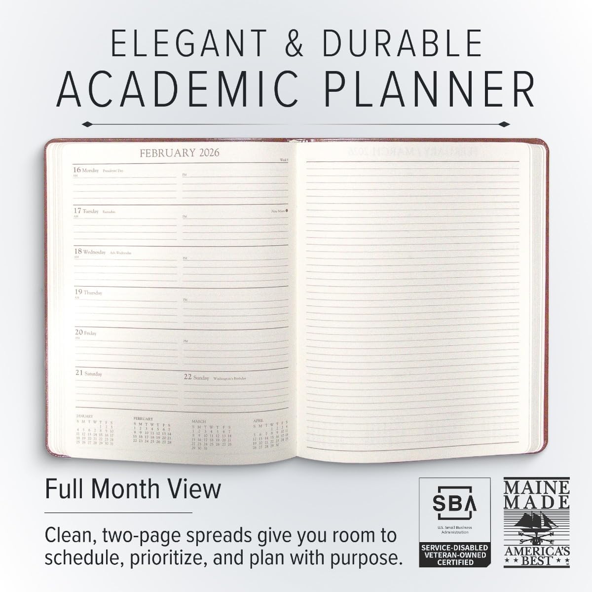 Gallery Leather Academic Planner 2025-2026, Teacher and Student Weekly Monthly Planner, Elegantly Bound Calendar with Gold-Gilded Page Edges, 18 Months - Acadia Navy - 9x7"