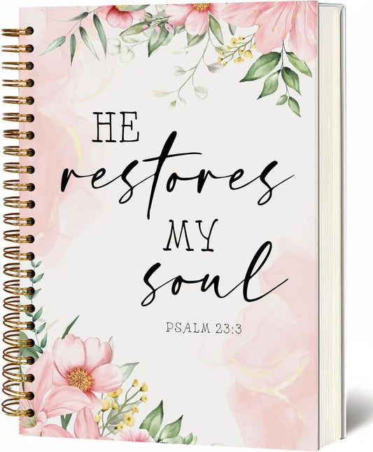 Bible Notebook, A5 Spiral Christian Journal with Floral Pink Butterfly Notebook, Bible Verse-He Restores My Soul, Inspirational Notebooks for Women, Bible Study, Gift for Birthday Christmas, Office Supplies (Light pink)