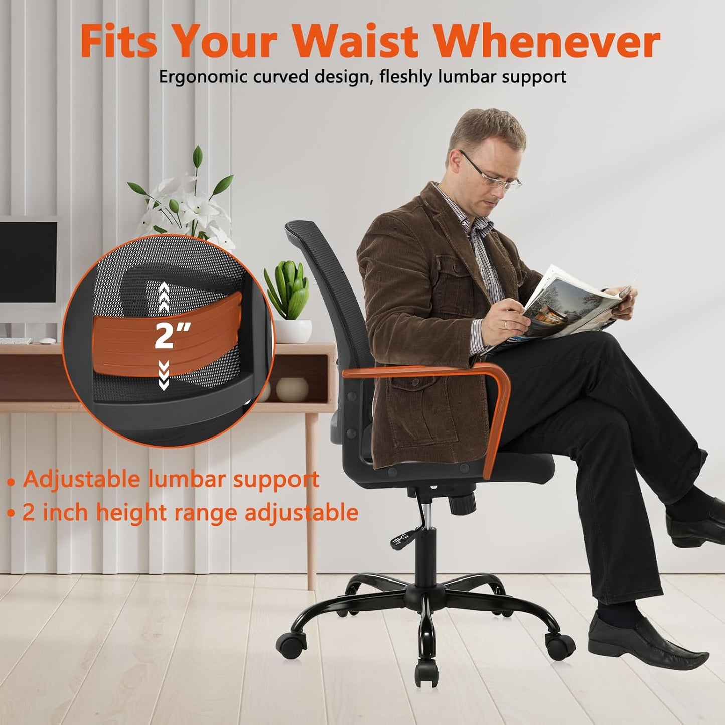 CLATINA Ergonomic Rolling Mesh Desk Chair with Executive Lumbar Support and Adjustable Swivel Design for Home Office Computer Black 4 Pack