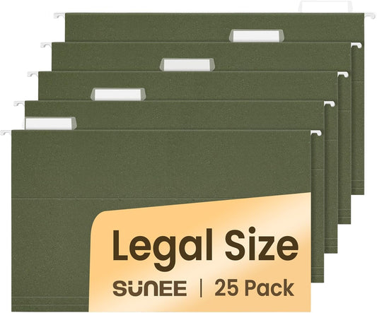 SUNEE Hanging File Folders Legal Size,25 Pack Reinforced Hang Folders, Adjustable 1/5-Cut Tabs, Designed for Bulky Files, Filing Cabinet, Standard Green