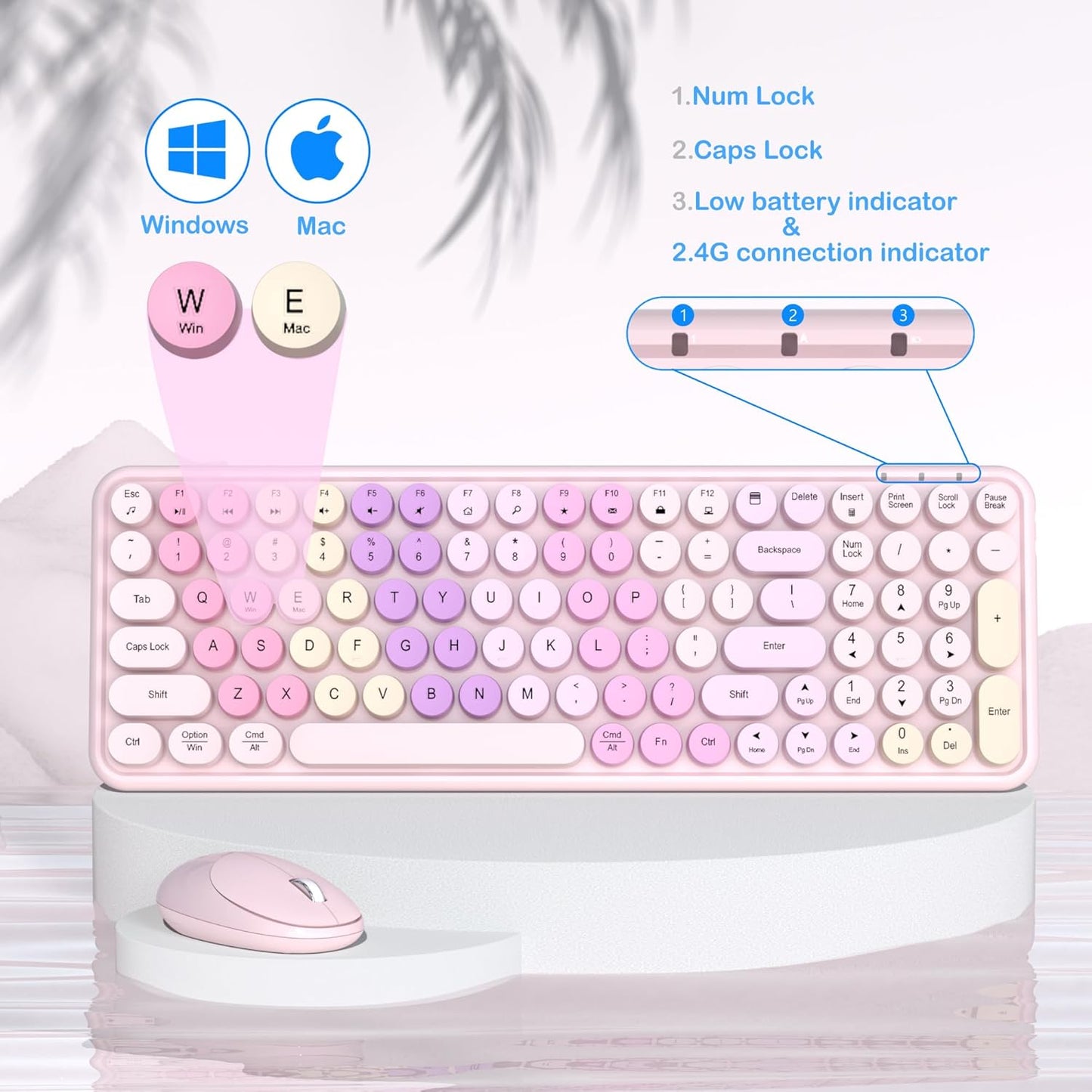 Colorful Wireless Keyboard Mouse Combo, Gradient Rainbow Colors 100 Keys and 2.4GHz Optical Mouse Connection for Windows, Mac, Laptop, PC, Desktop (Pink Colorful)