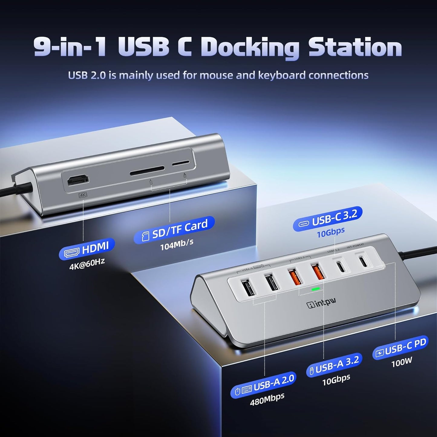 USB C Hub 10Gbps, 9-in-1 USB 3.2 Hub with 4K@60Hz HDMI, Type-C 3.2, 2 USB-A 3.2, 2 USB-A 2.0, PD 100W, SD/TF Slot, Aluminum USB Hub for Laptop, iPhone 16/15 Series, MacBook Air/Pro and More