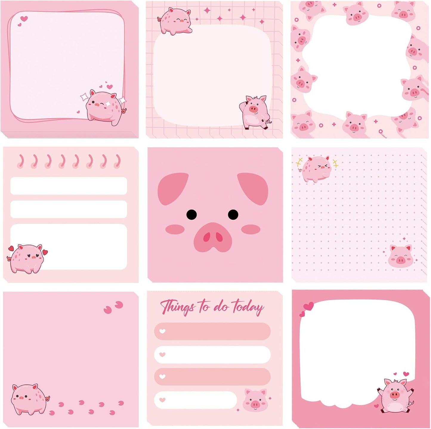 9 Pack Cute Pig Sticky Notes Set, 450 Sheets Pink Cartoon Self-Stick Notepads with Kawaii Piggy Designs, Fun Gifts for Girls Kids Students or Office Use