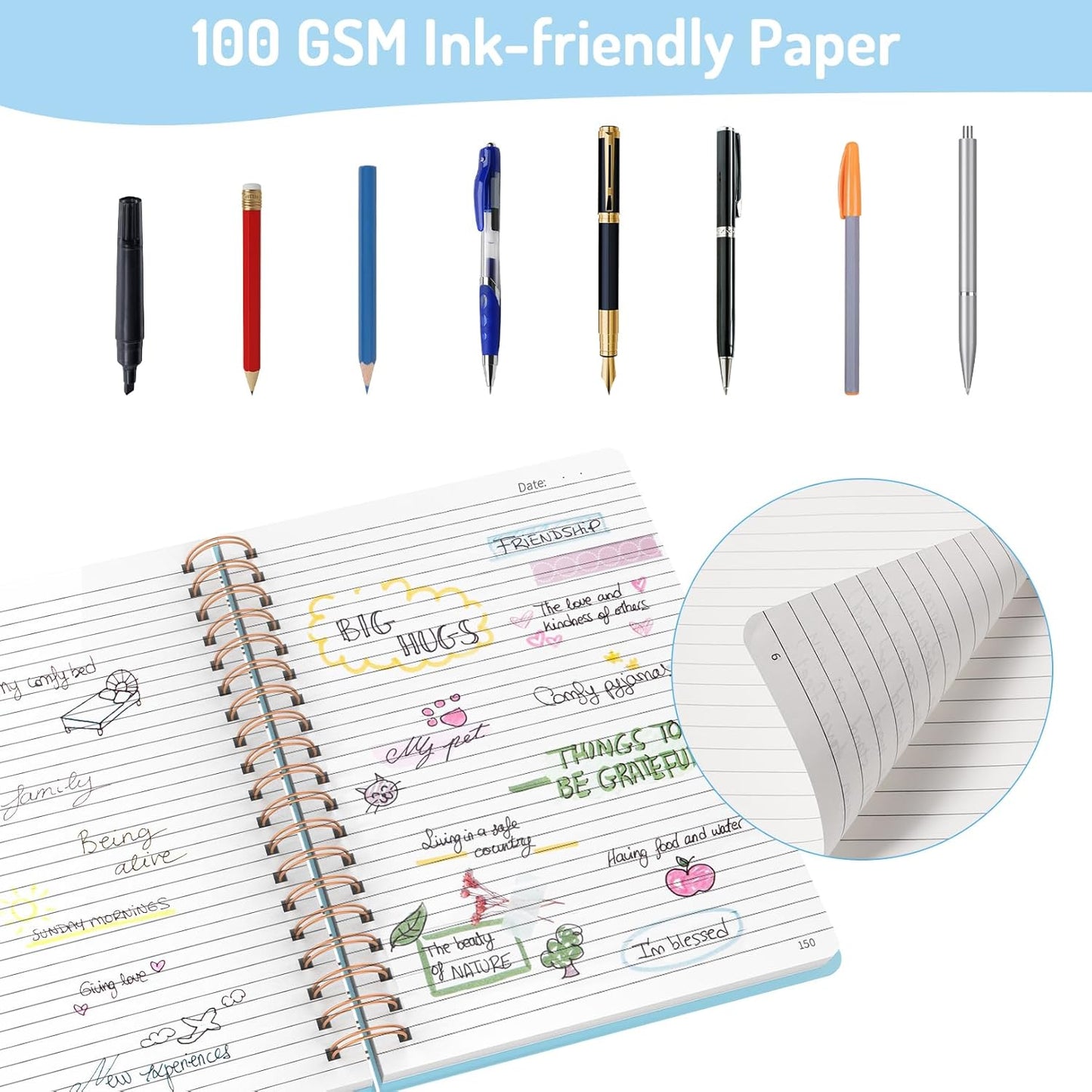 Forvencer Lined Spiral Journal Notebook with 300 Numbered Pages, B5 College Ruled Thick Journals for Writing with 100GSM Paper, Hardcover Notebooks with Contents for Work, School, Women, Men, Sky Blue