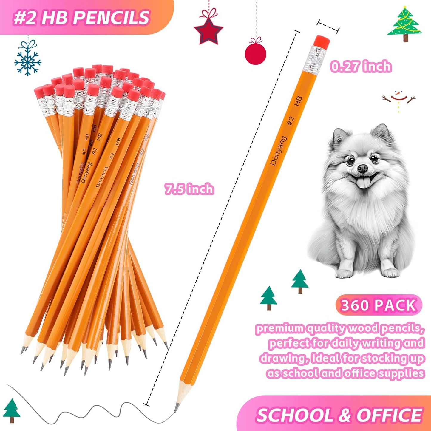360 Pack #2 Pencils Bulk, Back to School Supplies, Sharpened Number 2 HB Yellow Pencils for School Classroom College Essentials Teacher Office Accessories, Writing, Drawing, Sketching, with Erasers