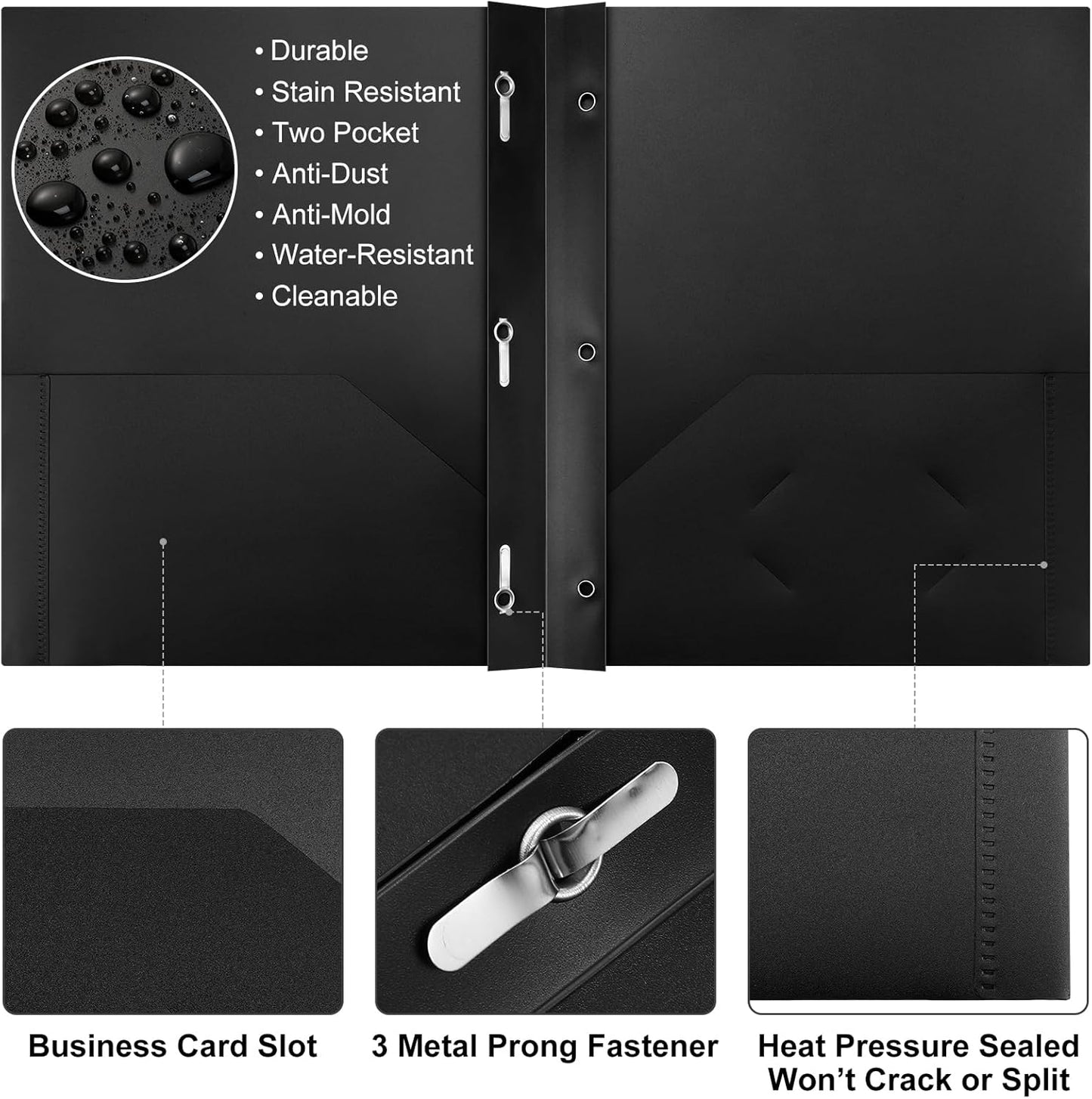 Patelai 48 Pcs Plastic Folders with 2 Pockets and 3 Prongs Home Folders with Card Slot Letter Size Heavy Duty Report Covers for Back to School(Black,Classic)