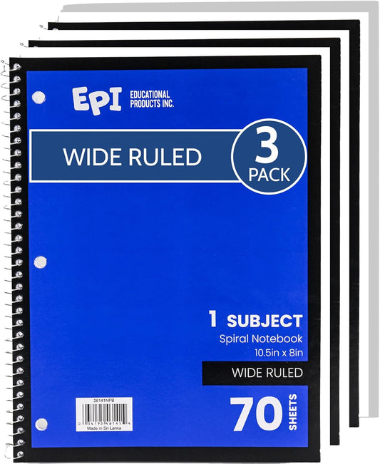 EPI Spiral Notebook | Wide - 70 Sheets, Durable Spiral Binding | 10.5 x 8 in | Classroom Supplies | School, Office, Note Taking, Journaling - 3 Pack