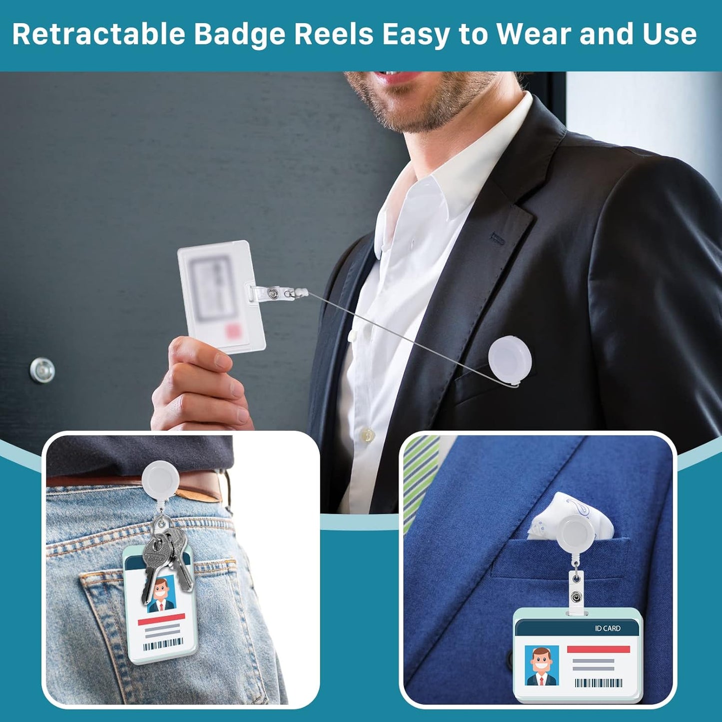 50 Pack Retractable Badge Reels,Retractable Badge Holder Reels with Belt Clip,Badge Reel Clips Holder for Hanging ID Card Key Chain Doctor Nurse Teachers Students Office Workers (White)