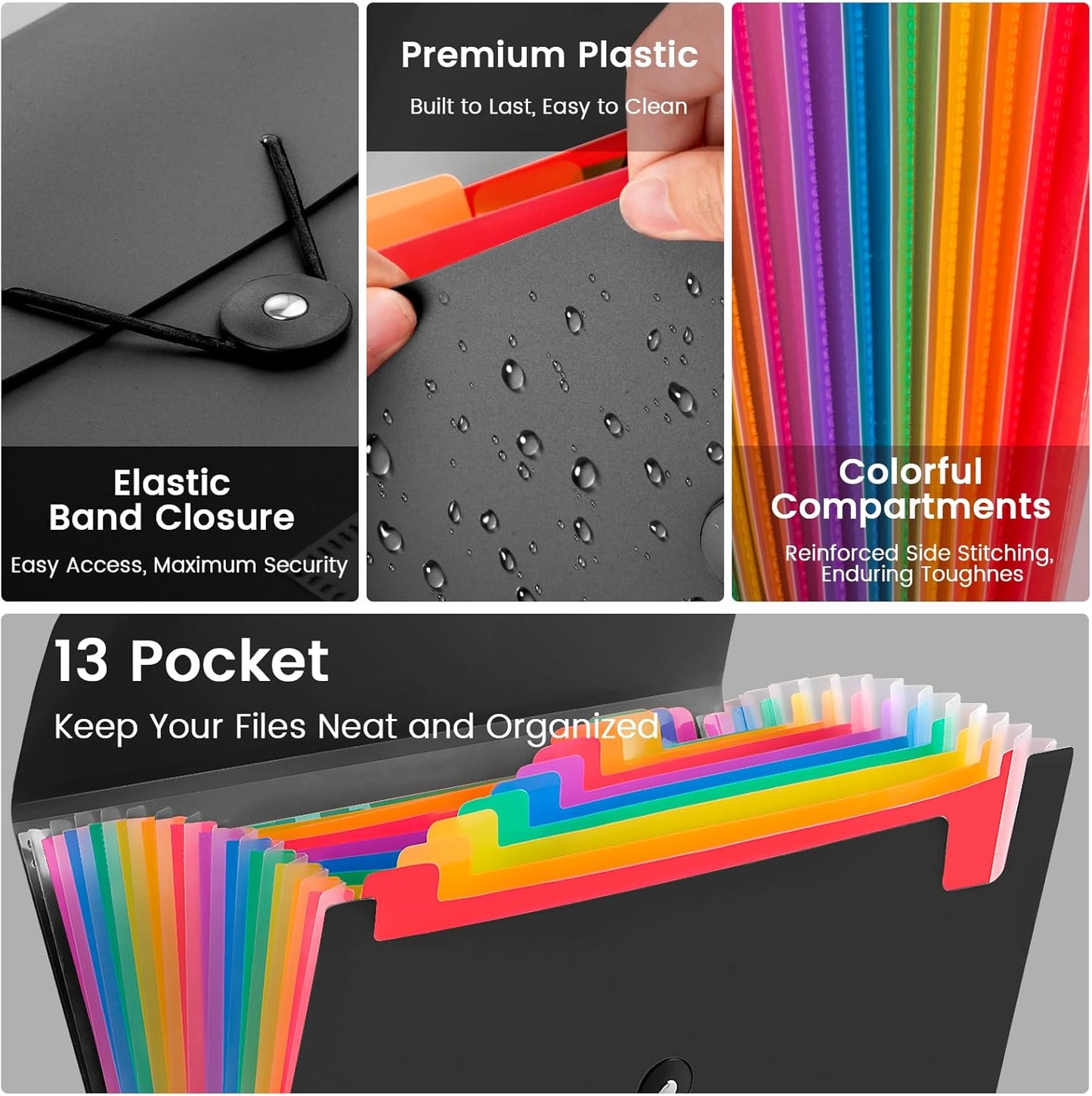 6 Pack Accordion File Organizer with Labels, 13 Pocket Expanding File Folder for Letter Size A4 Papers, Ideal for Home, Office Supplies, College Essentials