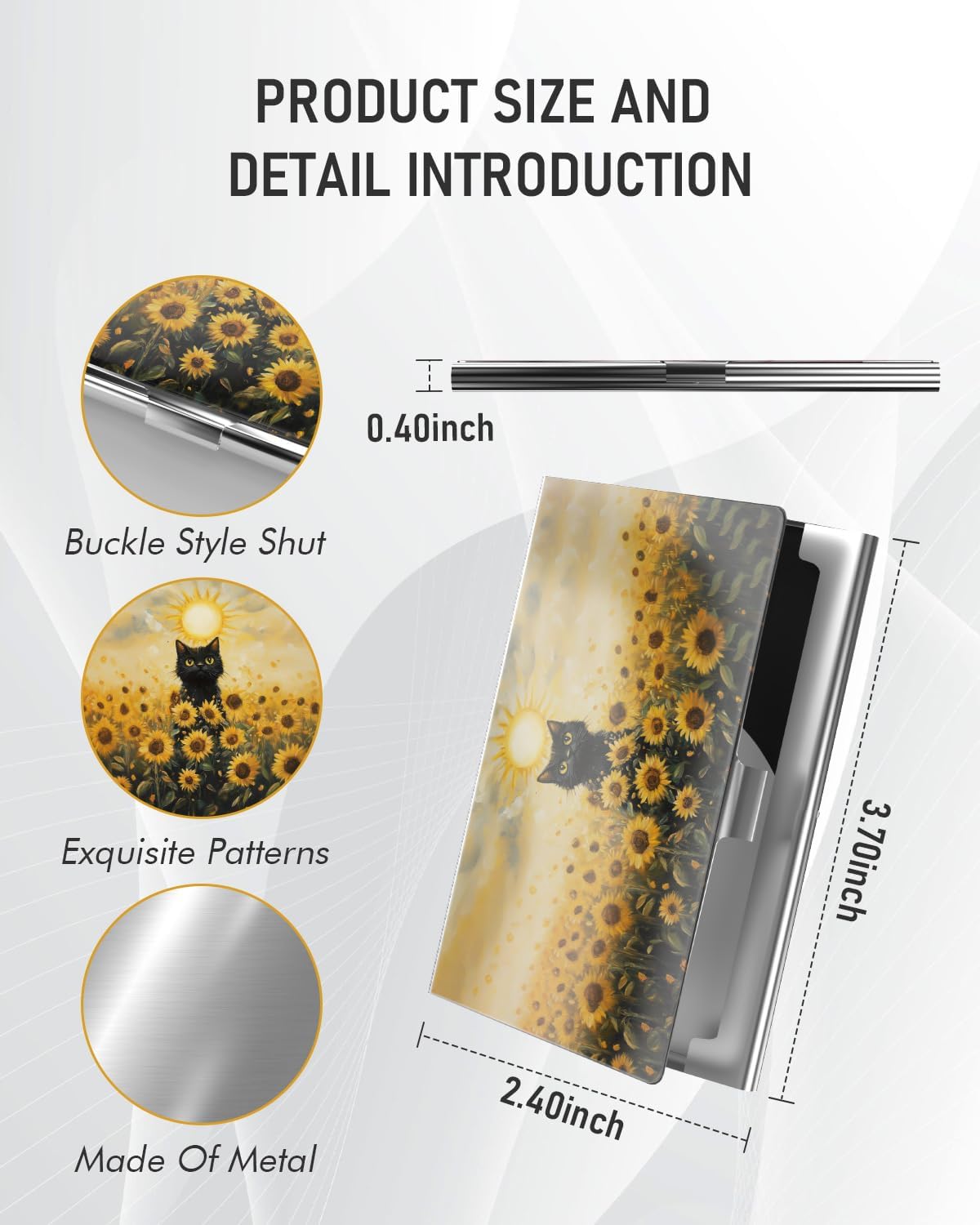 Business Card Metal Slim Organizer, Professional Stainless Steel Square Pocket Wallet for Office Workers, Compact and Portable for Pockets (Sunflower Cat A)