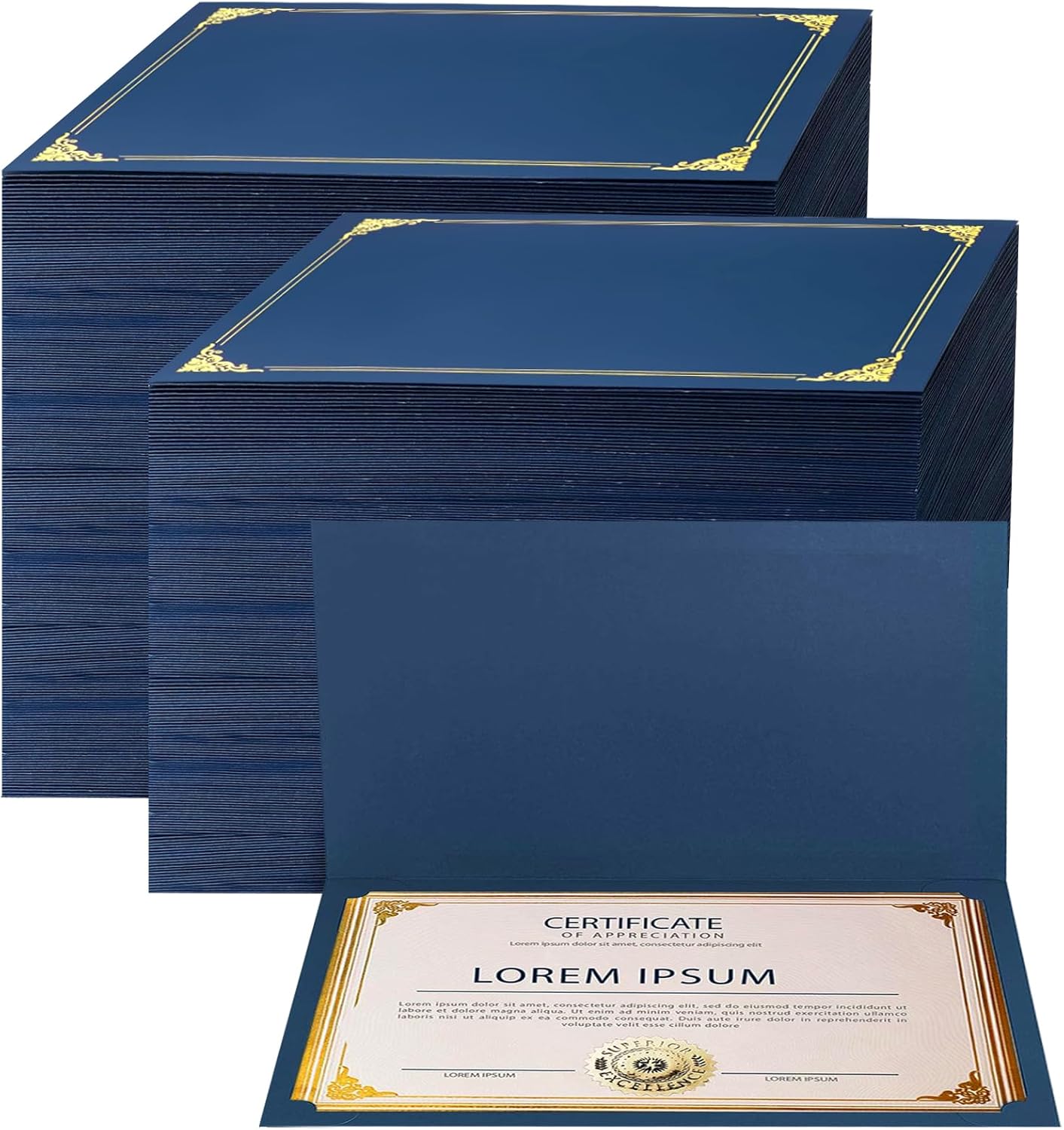 150-Pack Navy Blue Certificate Holders with Gold Foil Border, Diploma Covers for Letter Size 8.5x11 Certificates, Awards, Graduation, and Document Papers,Cardstock