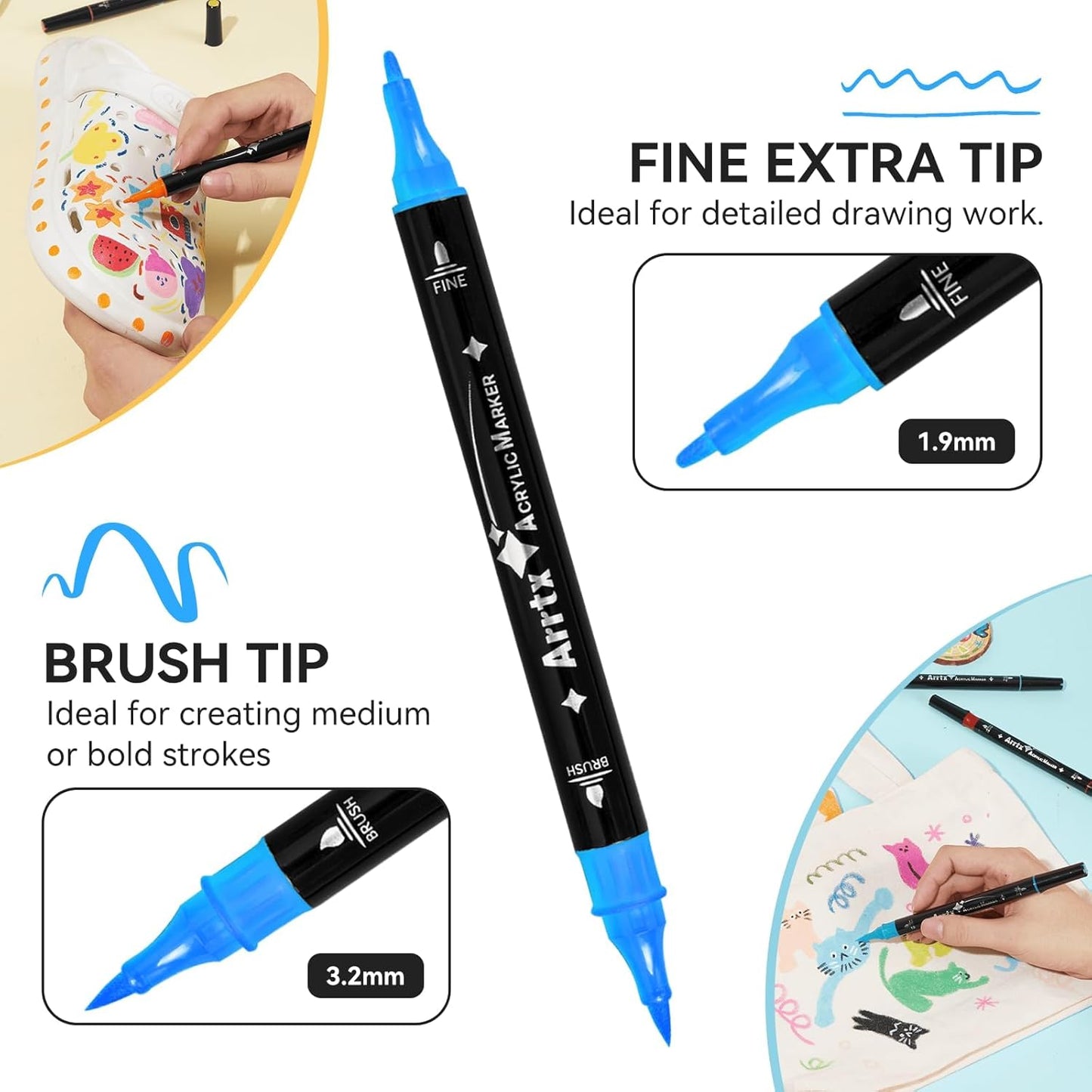 Arrtx 64 Colors Acrylic Marker for Rock Painting, Dual-Tip Paint Markers, Art Supplies, Fabric Paint, Fabric Markers, Paint Pen, Art Markers, Waterproof Paint DIY Crafts Making