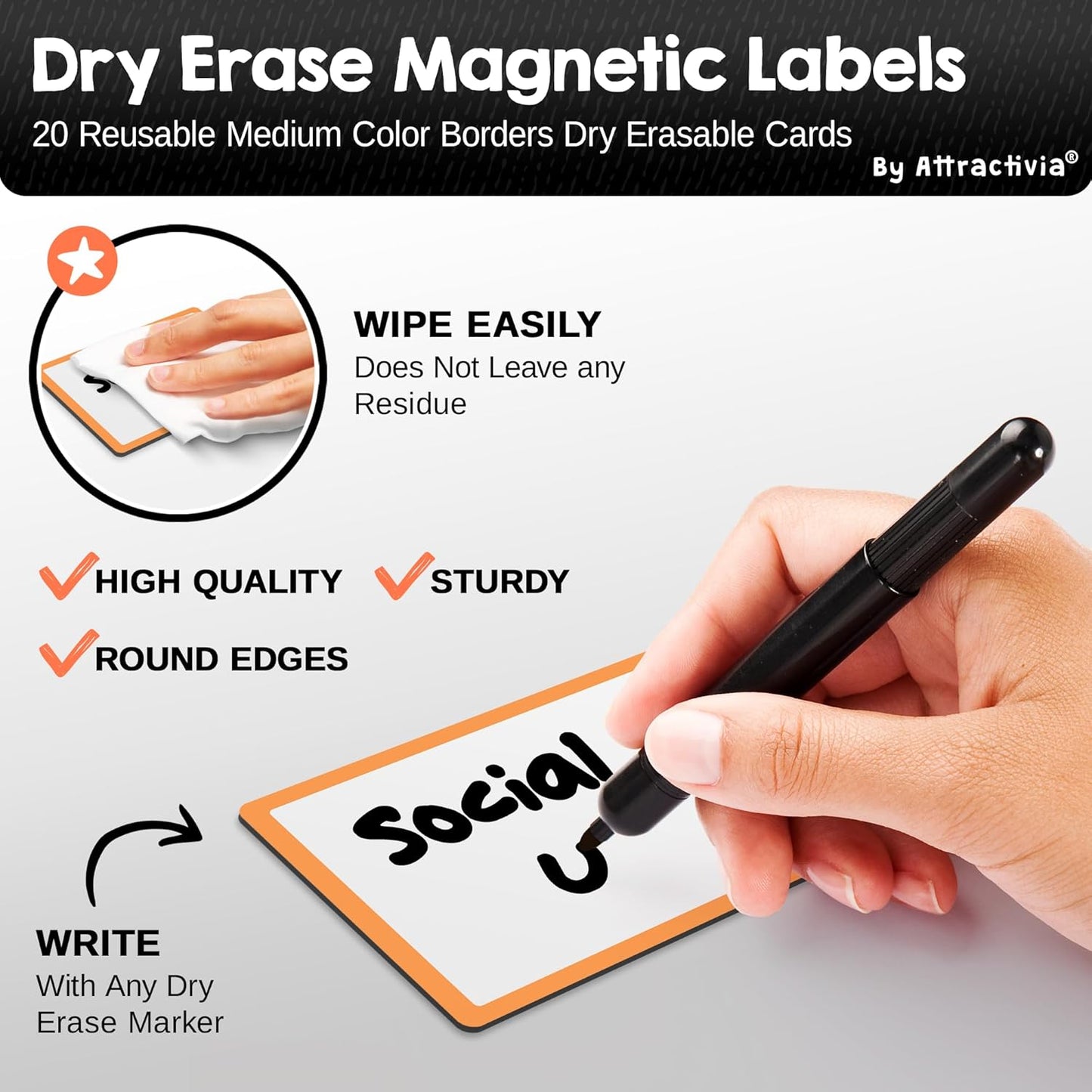 Dry Erase Magnetic Labels 3.7 x 2.8 in, Color Borders, Medium Dry Erase Magnets, 20-Pack, White Erasable Write-On All-Purpose Labels, for Office, Education, Home, Whiteboard