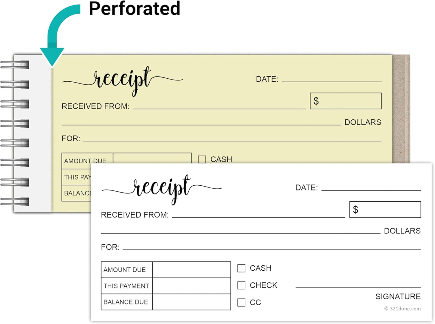321Done Receipt Book, 2-Part Carbonless Spiral Bound 2.75x6 - Made in USA, 50 White/Yellow Pages, Receipt Book with Carbon Copies for Small Business