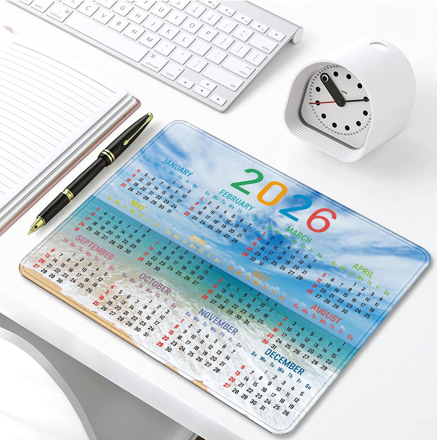 2026 Calendar Mouse pad, Gaming Stitched Edge Computer Accessory Mouse Pad, Rectangular Anti Slip Chloroprene Rubber Mouse Pad for Office and Home Use (Beach Calendar Mouse Pad)