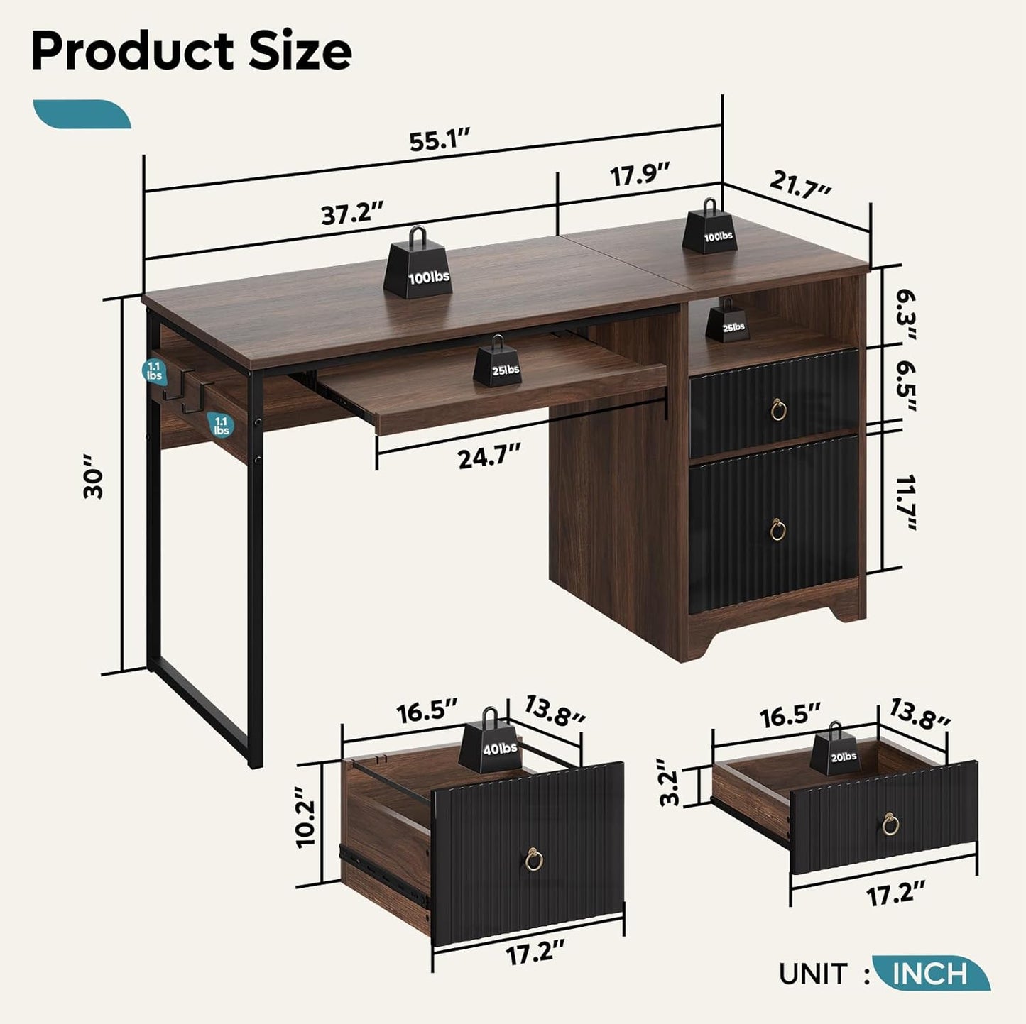 Bestier 55 Inch Computer Desk with Keyboard Tray, Modern Office Desk with Storage, Wood Writing Desk with File Drawer, Fluted Panel & 2 Hooks for Home Office & Studio, Cherry
