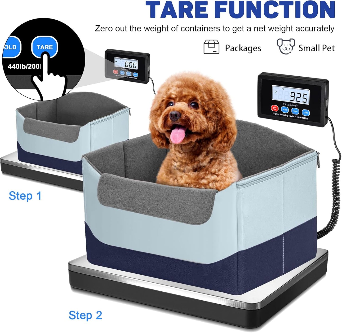 Fuzion Shipping Scale 440lb x 10g Accuracy, Postal Scale with Hold/Tare, Digital Shipping Scale for Packages Small Business, Luggage, Battery & AC/DC Adapter