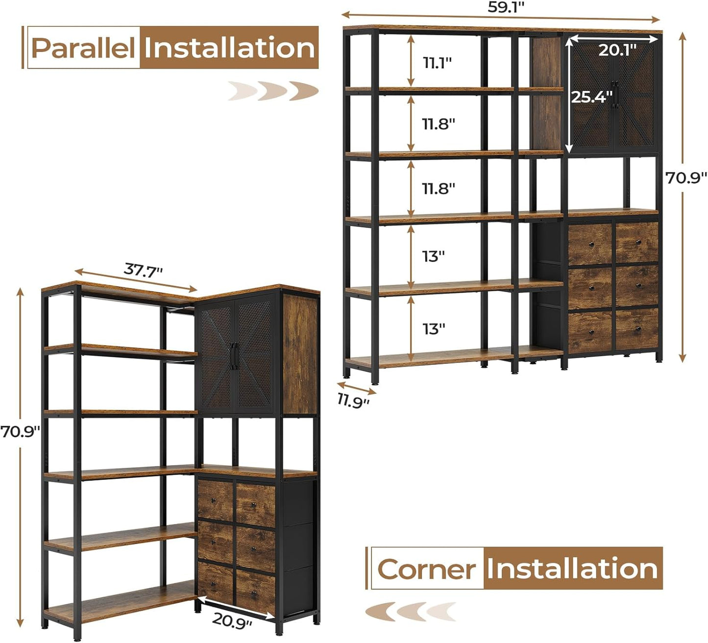 Corner Bookshelf, 6 Tier Industrial Convertible Bookshelf with 6 Fabric Drawers, Corner Bookcase Large L Shaped Storage Display Shelf for Home Office, Living Room, Kitchen, Rustic Brown