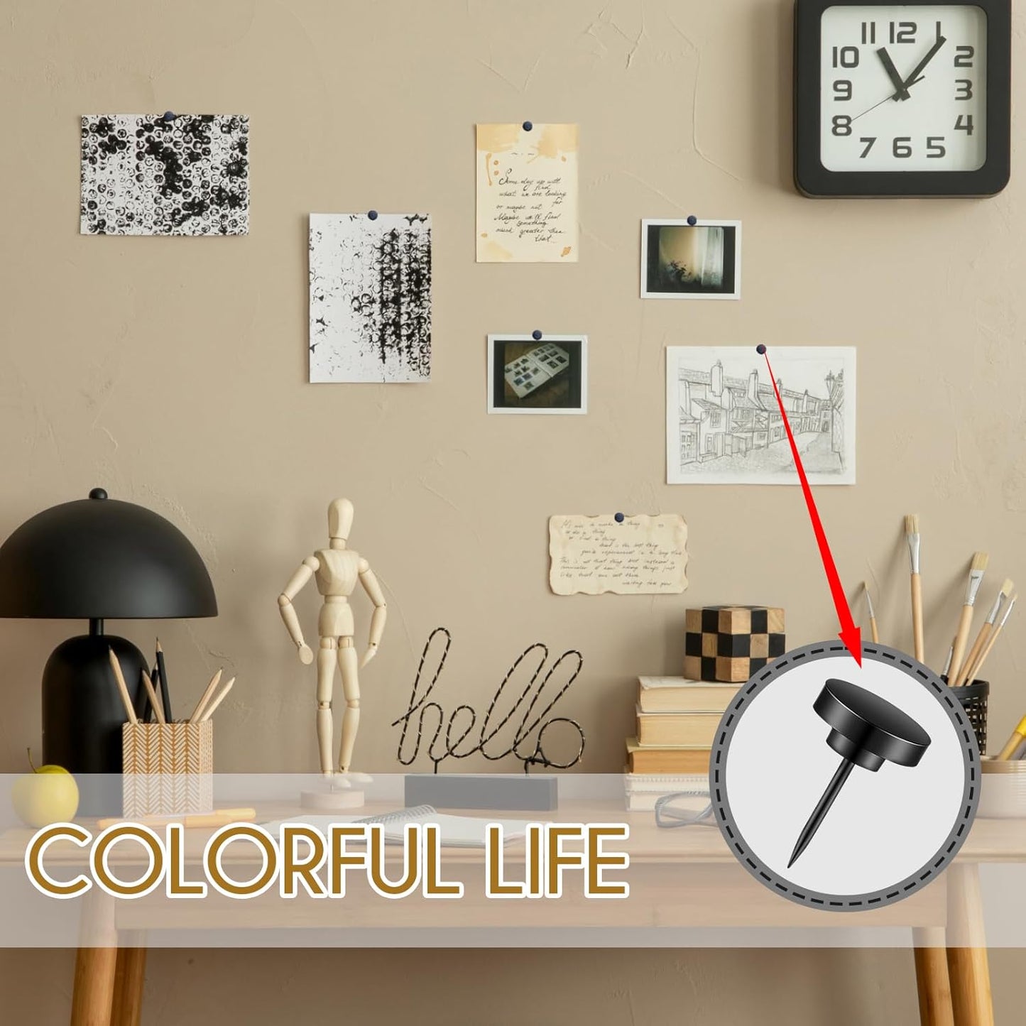 50 PCS Flat Push Pins for Cork Board, Black Metal Thumb Tacks for Wall Picture Photo Hanging, Board Posters Bulletin Maps, Office Home Decorative