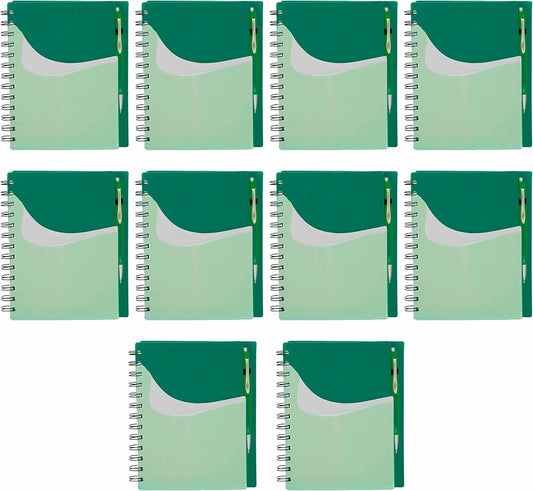 DISCOUNT PROMOS Spiral Notebooks with Front Pocket Set of 10, Bulk Pack - Durable Plastic Cover, Includes Matching Pen in Blank Ink, Perfect for School, Office, Home - Green