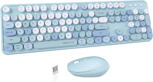 UBOTIE Colorful Computer Wireless Keyboard Mouse Combos, Typewriter Flexible Keys Office Full-Sized Keyboard, 2.4GHz Dropout-Free Connection and Optical Mouse (Blue-Colorful)