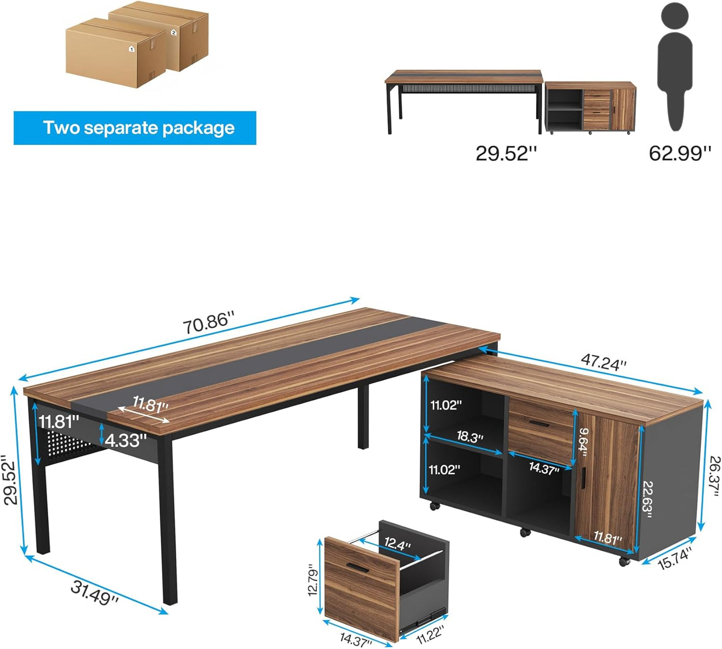 Tribesigns 70.8" Large Executive Office Desk and 47" Lateral File Cabinet Combo, L-Shaped Computer Desk 2 Piece Business Furniture with Drawers and Shelves, Home Office Workstation, Walnut